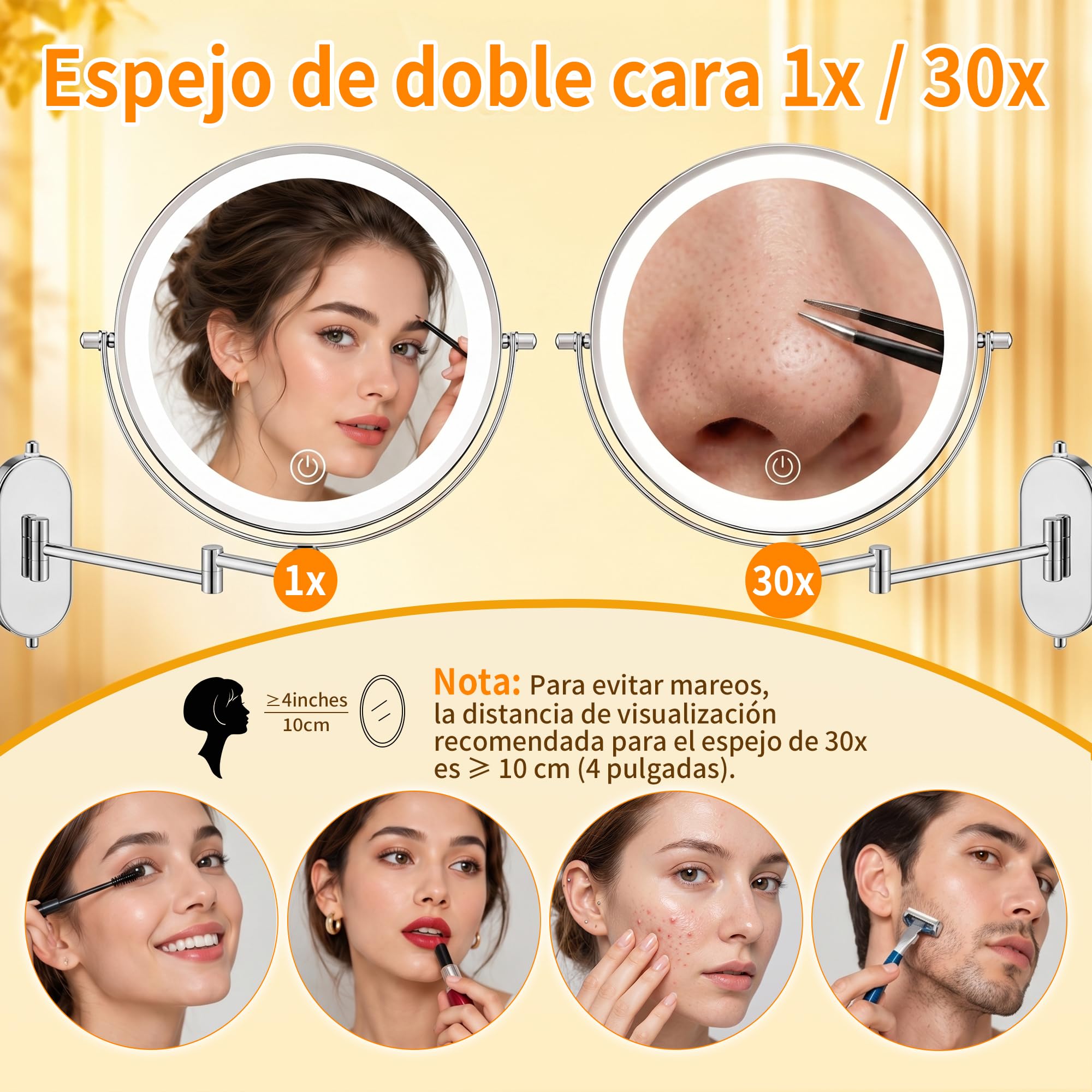 8 Pulgad Espejo Maquillaje con Luz 30X/1X – 4000mAh Espejo Aumento Baño – Aumento Recargable Doble Cara – Espejo Grande Baño Pared Brazo Extensible USB - 3 Colores Brillo Regulable para Hotel, SPA