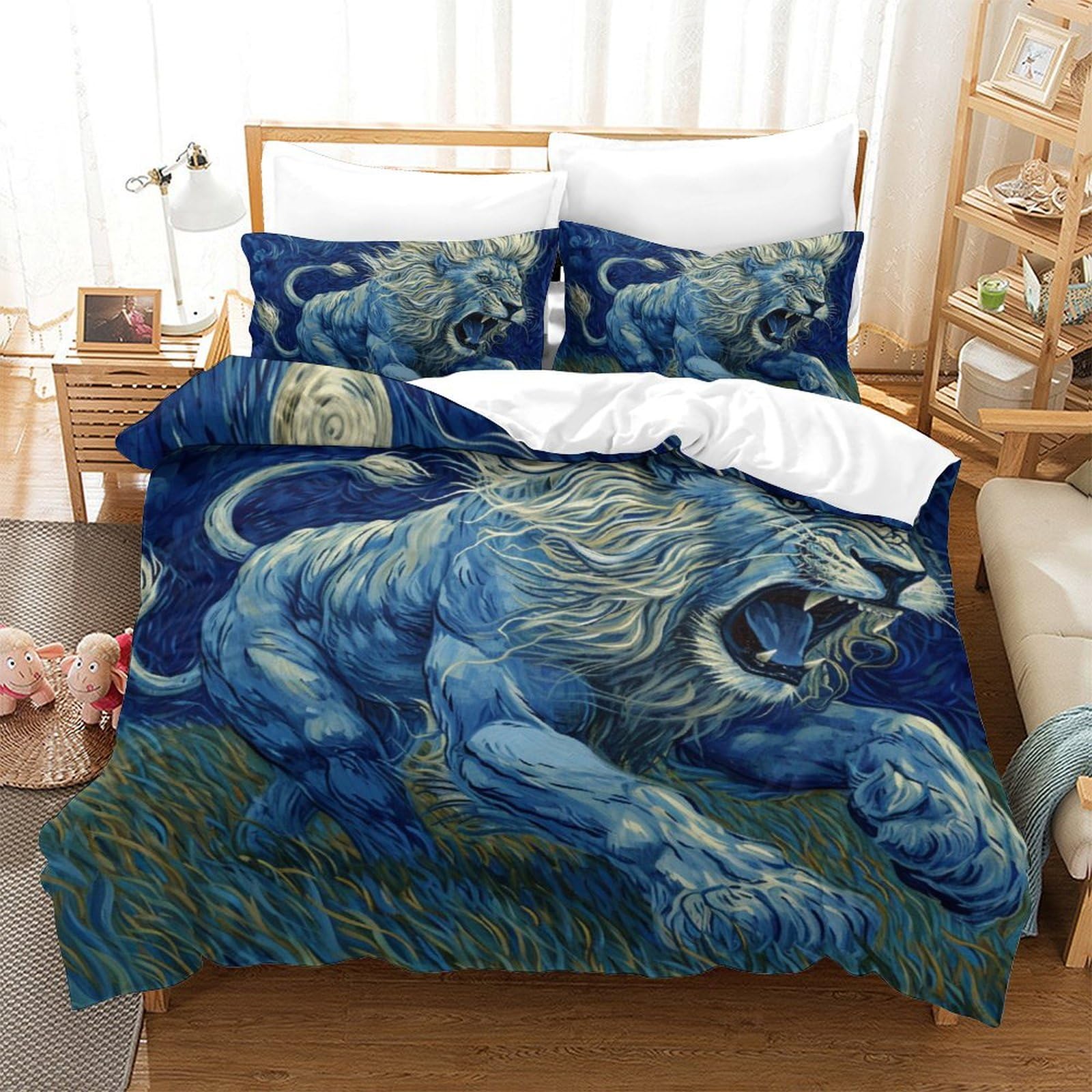 Housse de couette lion 3D 200x200 parure de lit microfibre avec taies d'oreiller