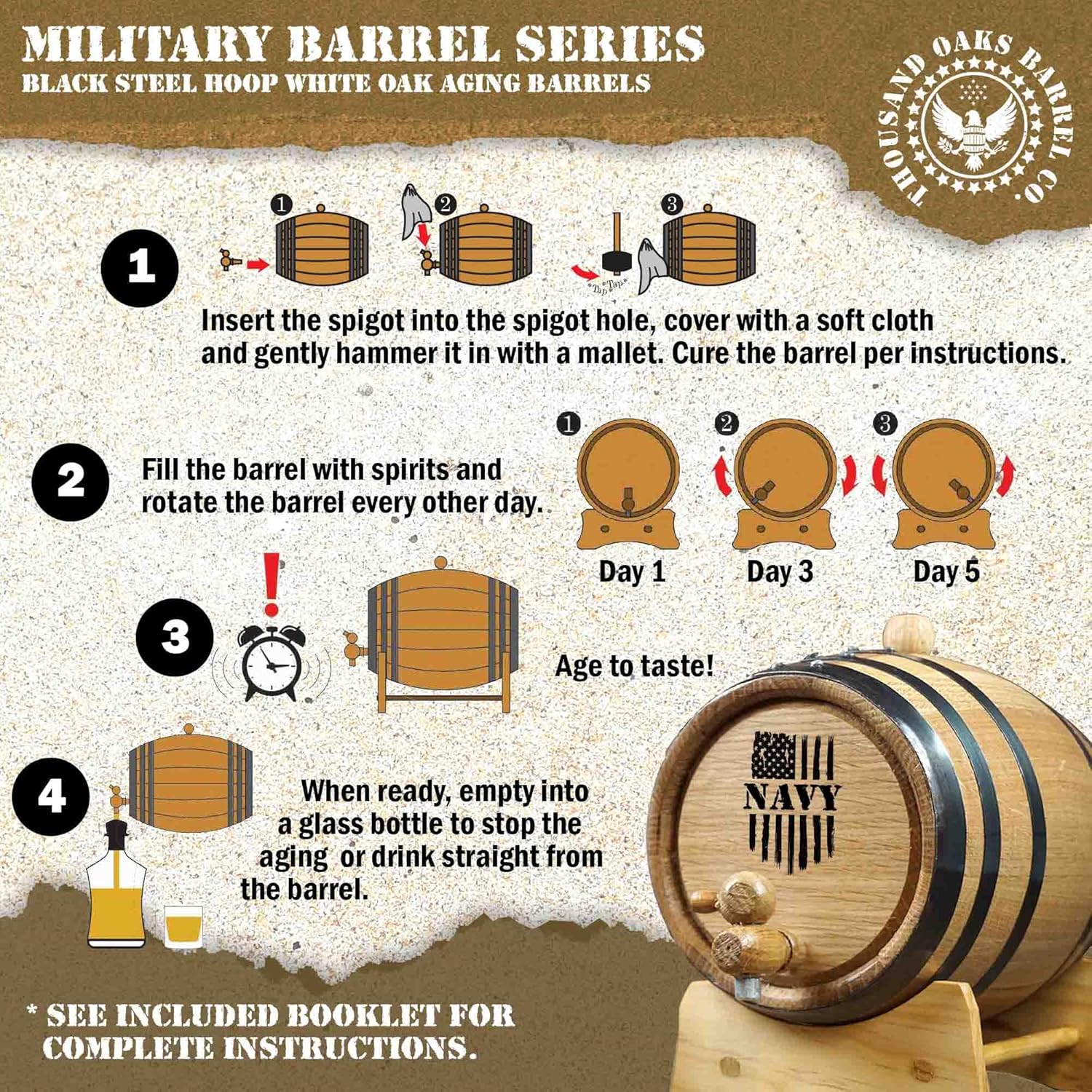 US Navy 2 Liter Oak Aging Barrel Dispenser w/Wood Stand, Bung & Spigot - Patriotic Military Veteran Gifts, 2L Charred Mini Bourbon Whiskey Barrels for The Home Distiller, Moonshiner & Winemaker