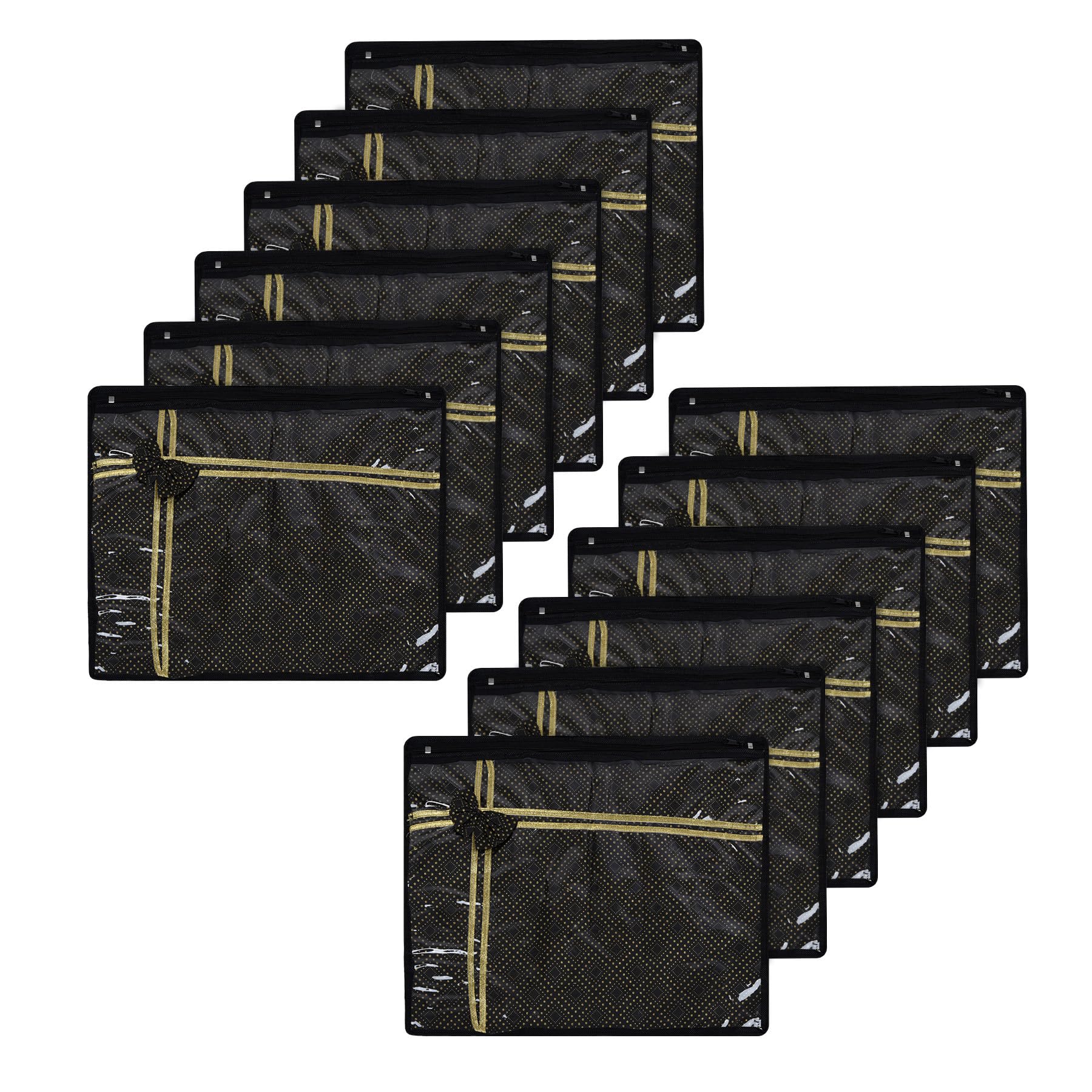 Kuber Industries Pack of 12 Saree Storage Bag | Clothes Storage Bag | Wardrobe Storage Bag | Single Packing Cloth Storage Bag | Top Visible Window Saree Bag | Bow Golden Dot | Black