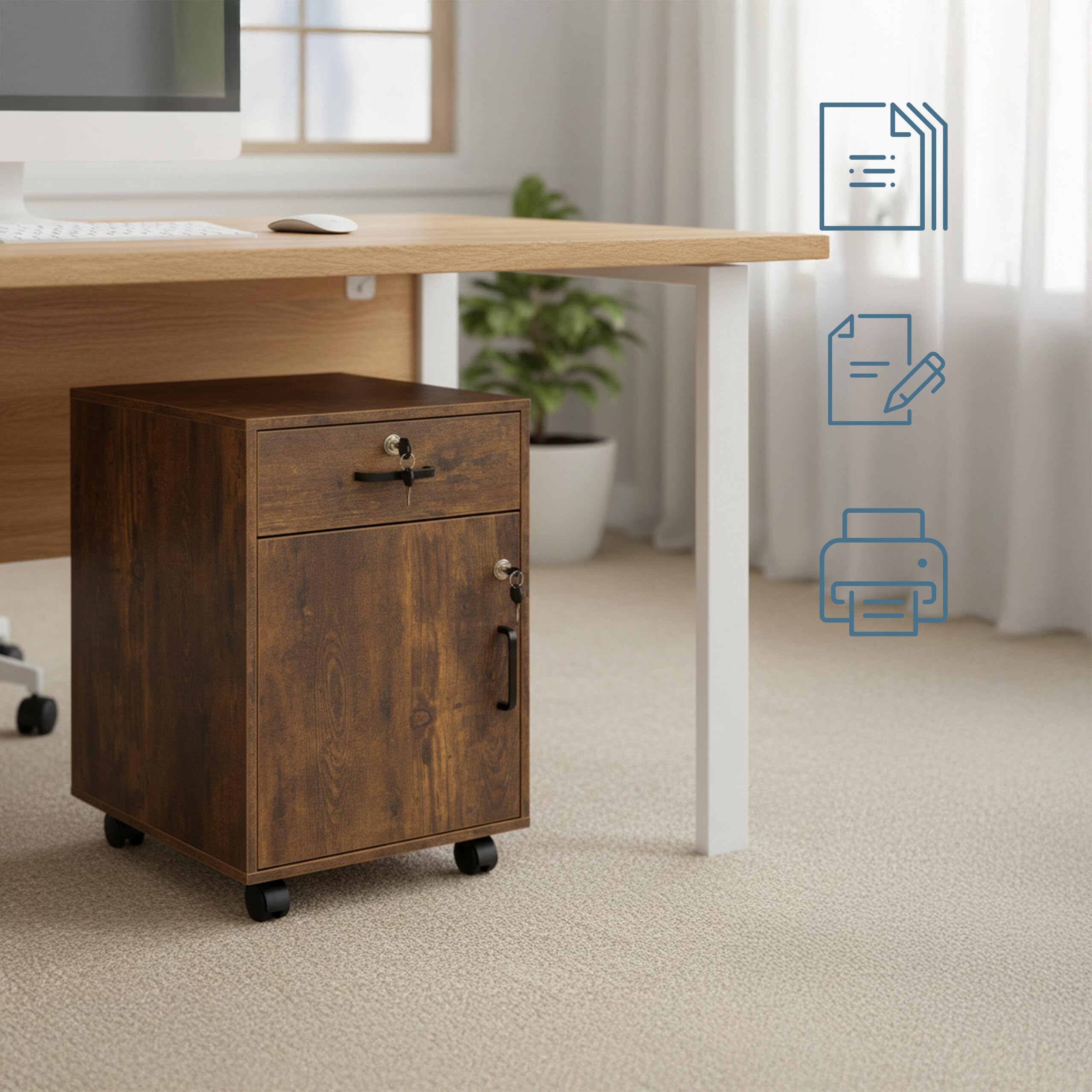 Relaxdays Rollcontainer Marrone Vintage con cassetto, Anta, Serratura, HBT 57x40x40 cm