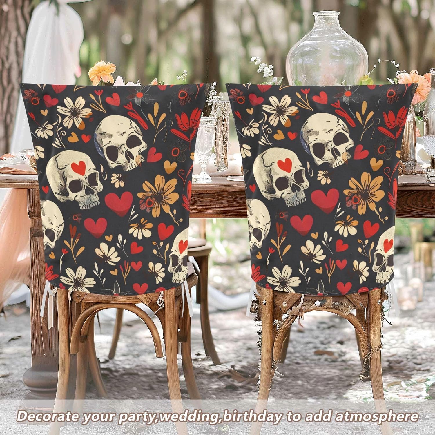 ALAZA Skulls Hearts Flowers Chair Back Cover Set of 6, Washable Reusable Removable Chair Slipcovers Decorative Chair Cover for Home Kitchen Wedding Party