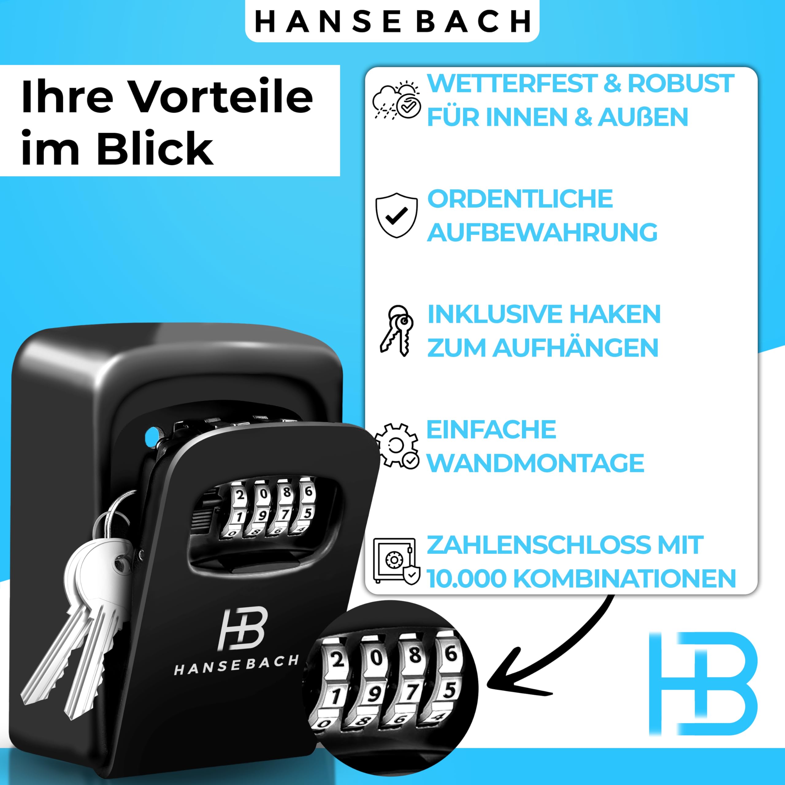 Schlüsseltresor mit Zahlencode inkl. Haken für Schlüssel - wetterfeste Schlüsselbox für Außen & Innen, robuster Schlüsselsafe zur sicheren Schlüsselaufbewahrung - Box mit Zahlenschloss