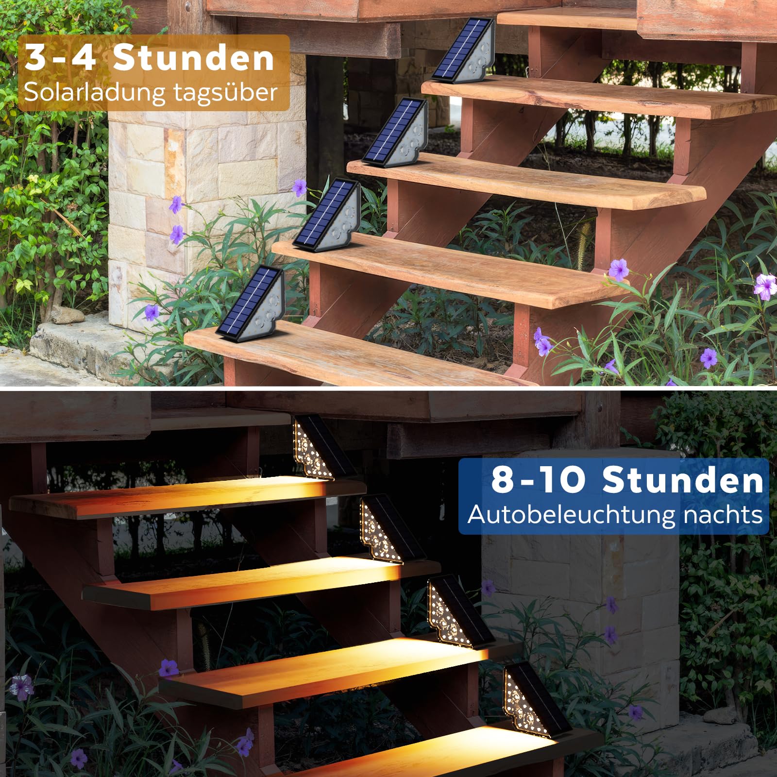 Solarlampen für Außen Garten, Treppenlicht 800mAh Treppenbeleuchtung Außen Solar Bodenleuchten Aussen für Innenhöfe Dekoration Terrasse Zaun Pathway Stufen Treppen LED Wegeleuchten IP65 18 LED 6 Stück