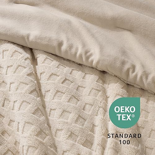 Miniatura 6 de Amélie Home Kahki - Juego de edredón de tamaño King con diseño de gofre, juego de cama mullido de sherpa de 3 piezas, súper suave, cálido
