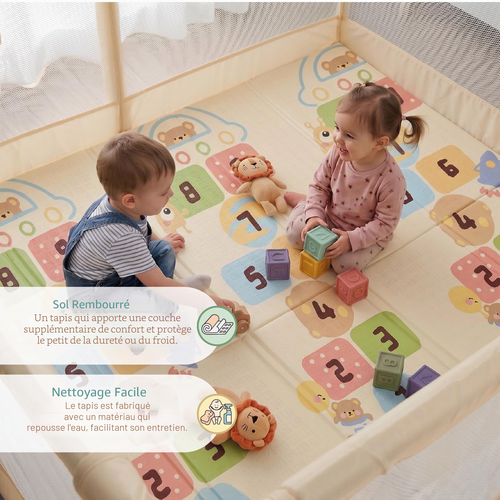 Buddy Baby Park - Parc Enfant Bébé 120x120cm + Tapis + Poignées + Panier + Boules – Parc de Jeu Bébé avec Maille Respirante – Parc de Jeux Bébé Pliable avec Porte Latérale (Vanille)