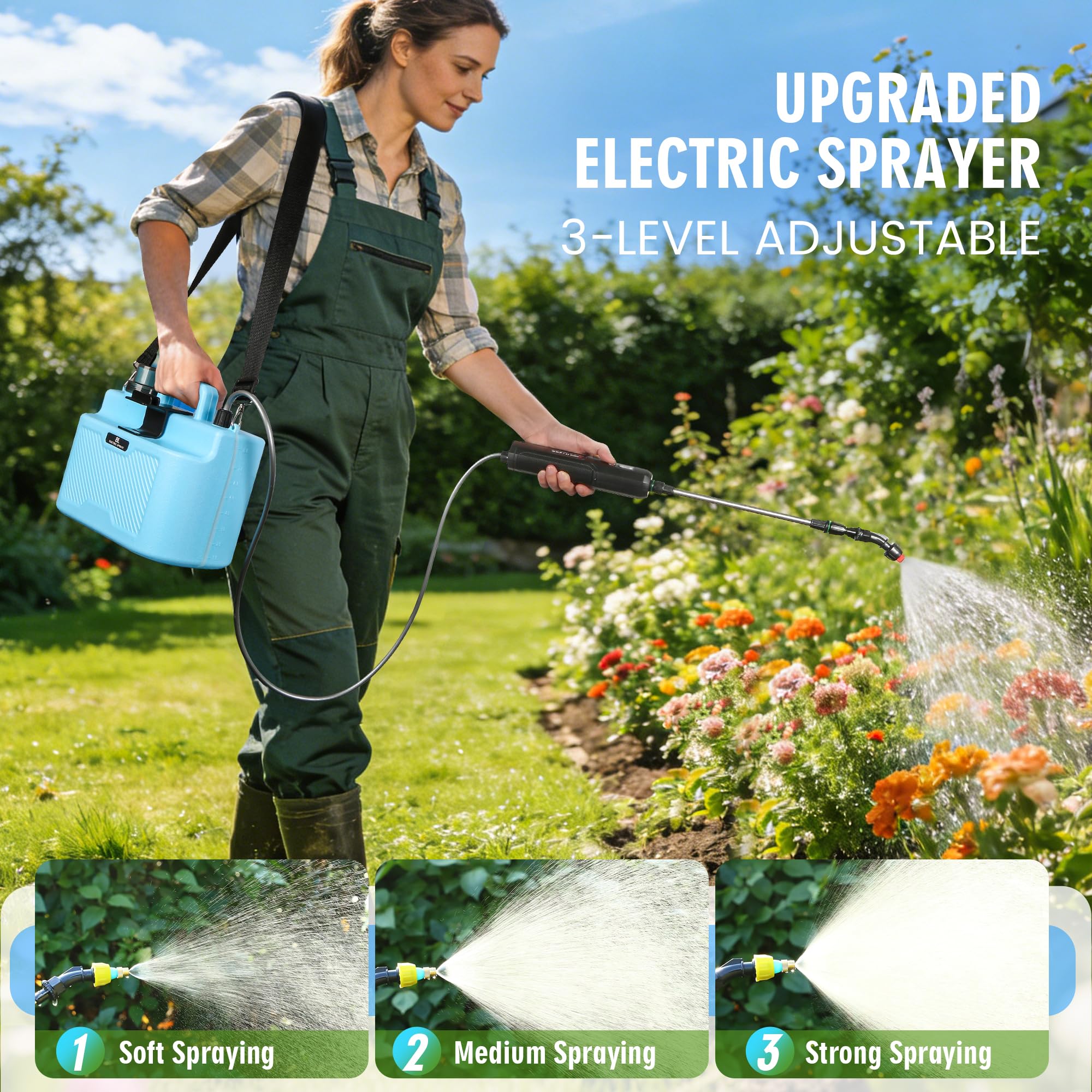 Spruzzatore alimentato a batteria da 2 galloni, potente spruzzatore elettrico da giardino da 7,4 V, spruzzatore ricaricabile per prato con 4 ugelli per nebbia, bacchetta retrattile, tracolla