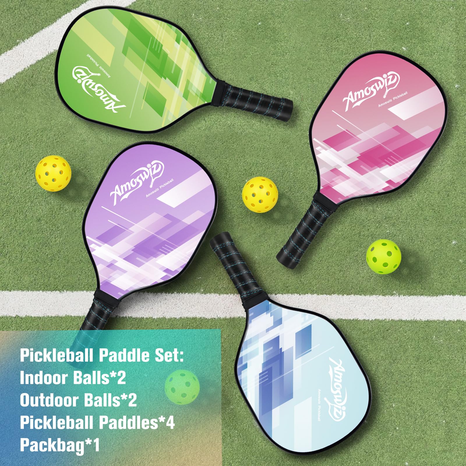 Pickleball Paddles Set of 4, Wood Pickle Ball Racket with 4 Balls, Pickleball Starter Set for Men & Women