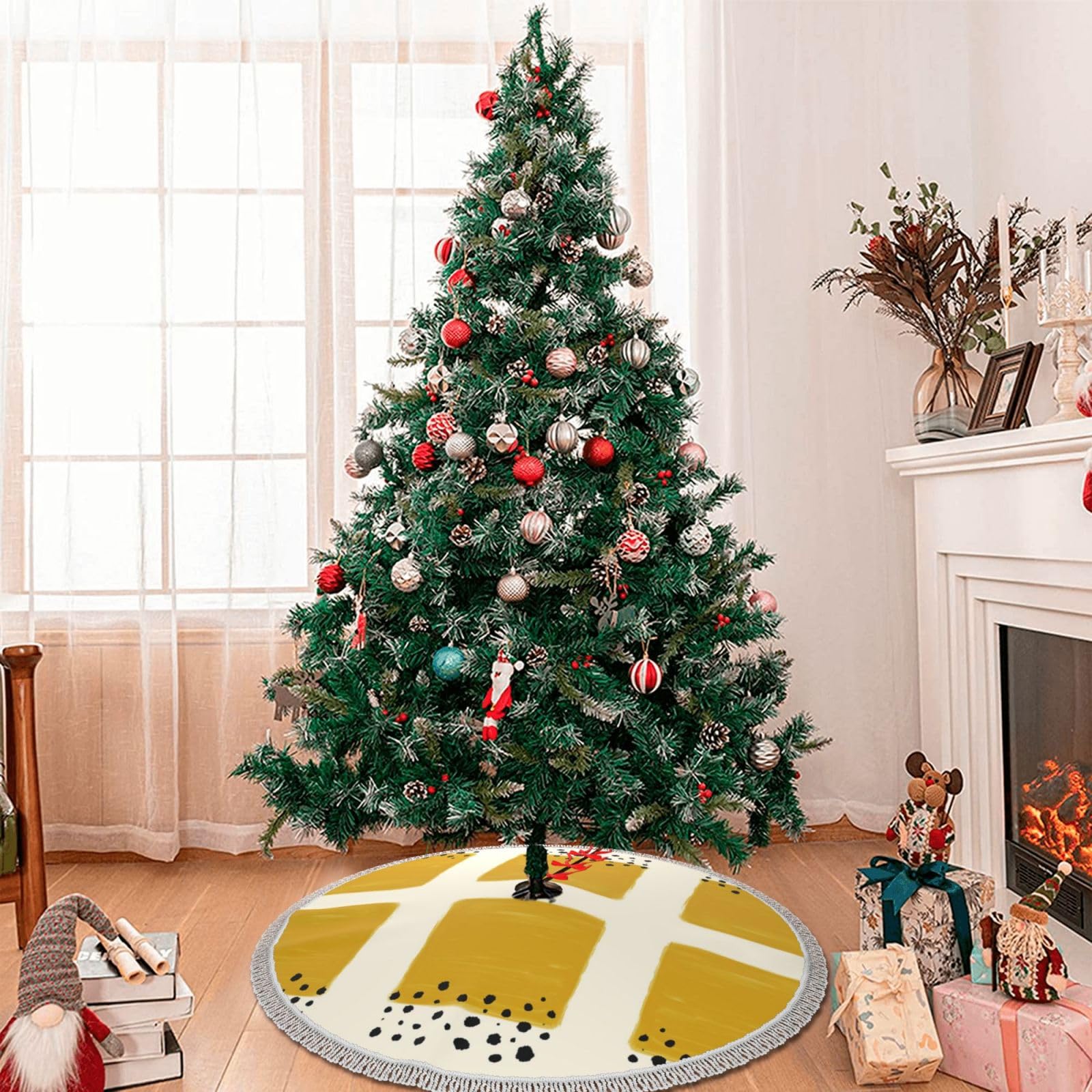 Senfgelbe und schwarze Weihnachtsbaumdecke, Weihnachtsbaummatte, bedruckte Polyester-Quaste, Weihnachtsdekoration