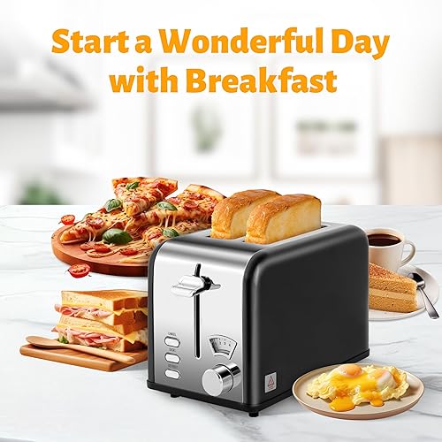 Miniatura 8 de HealSmart Tostadora de acero inoxidable de 2 rebanadas con ranura extra ancha y bandeja extraíble para migas, 5 opciones de sombra y funciones de