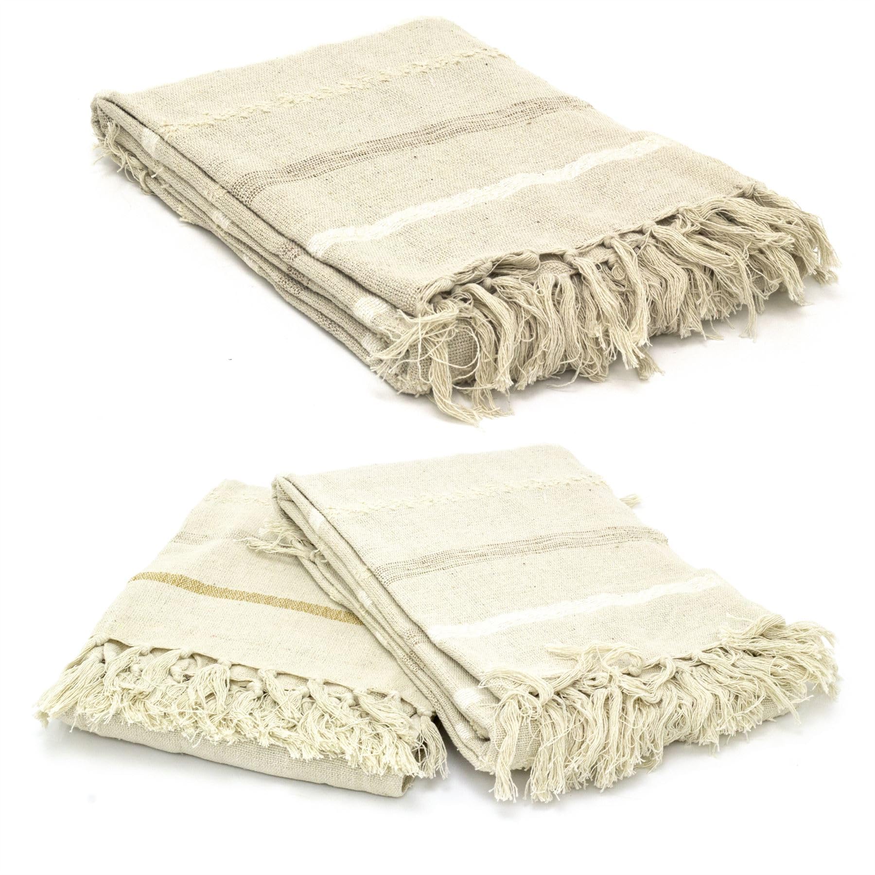 Carousel Home Natural Cotton Throw Blanket | Boho Beige Fringed Throw Over Blanket | Bed Sofa Stripped Oatmeal Blanket ~ 130x170cm - Design Varies One Supplied