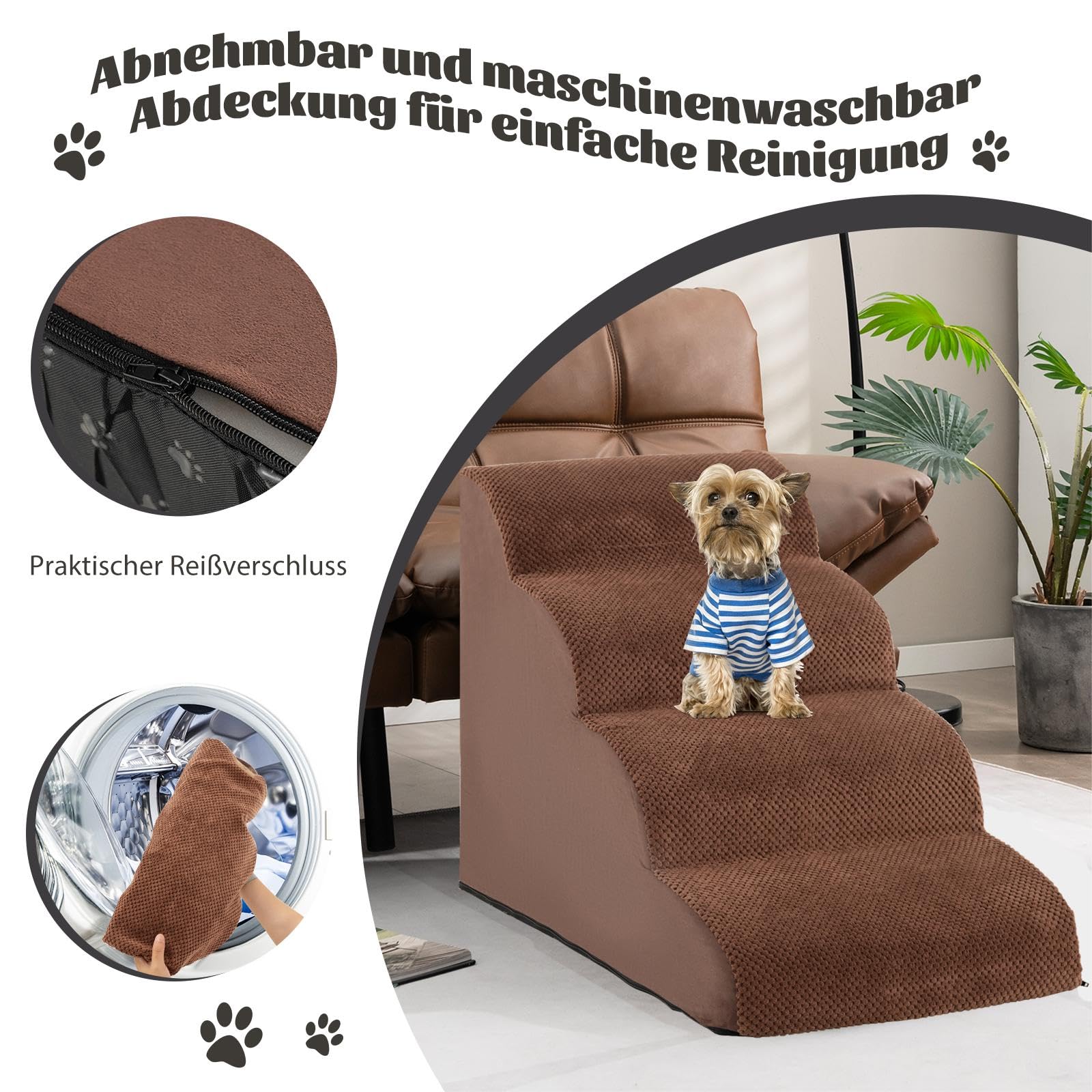 SOARS Scaletta per Cani a 4 Gradini in Spugna, Rampa per Animali Copertura Rimovibile e Lavabile Antiscivolo con Spazzola, Scala per Divano e Letto, per Cuccioli e Anziani, 72 x 41 x 51 cm (Marrone)