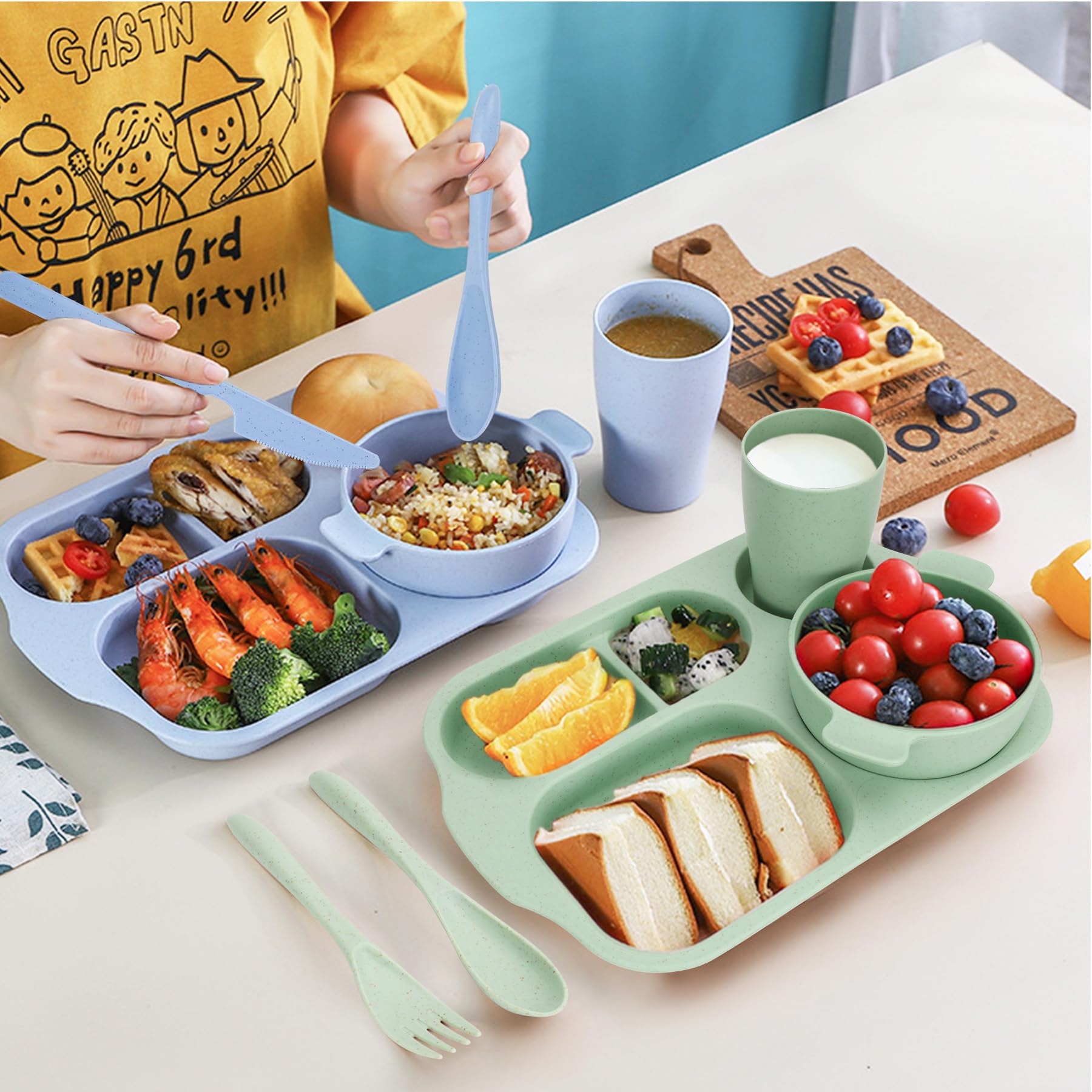 Ensemble de vaisselle incassable pour 4 personnes, 24 pièces d'assiettes divisées en plastique, ensemble de couverts, ensemble de vaisselle réutilisable pour adultes, enfants, école, bureau, fête