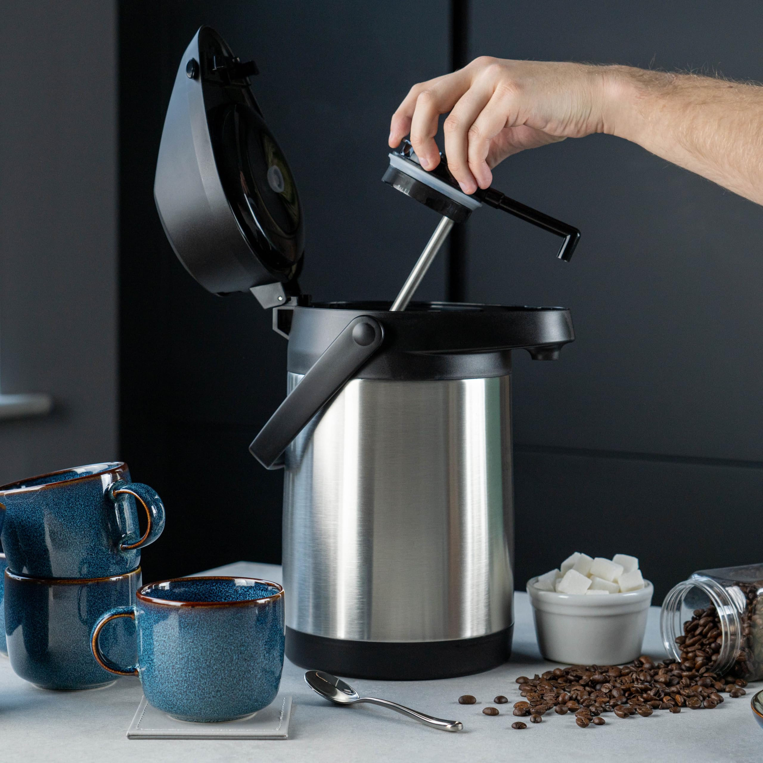 Pioneer Thermos da 5,0 litri in acciaio inossidabile con leva, flacone a tenuta stagna per bevande calde e fredde, distributore di bevande con pompa facile da usare per eventi