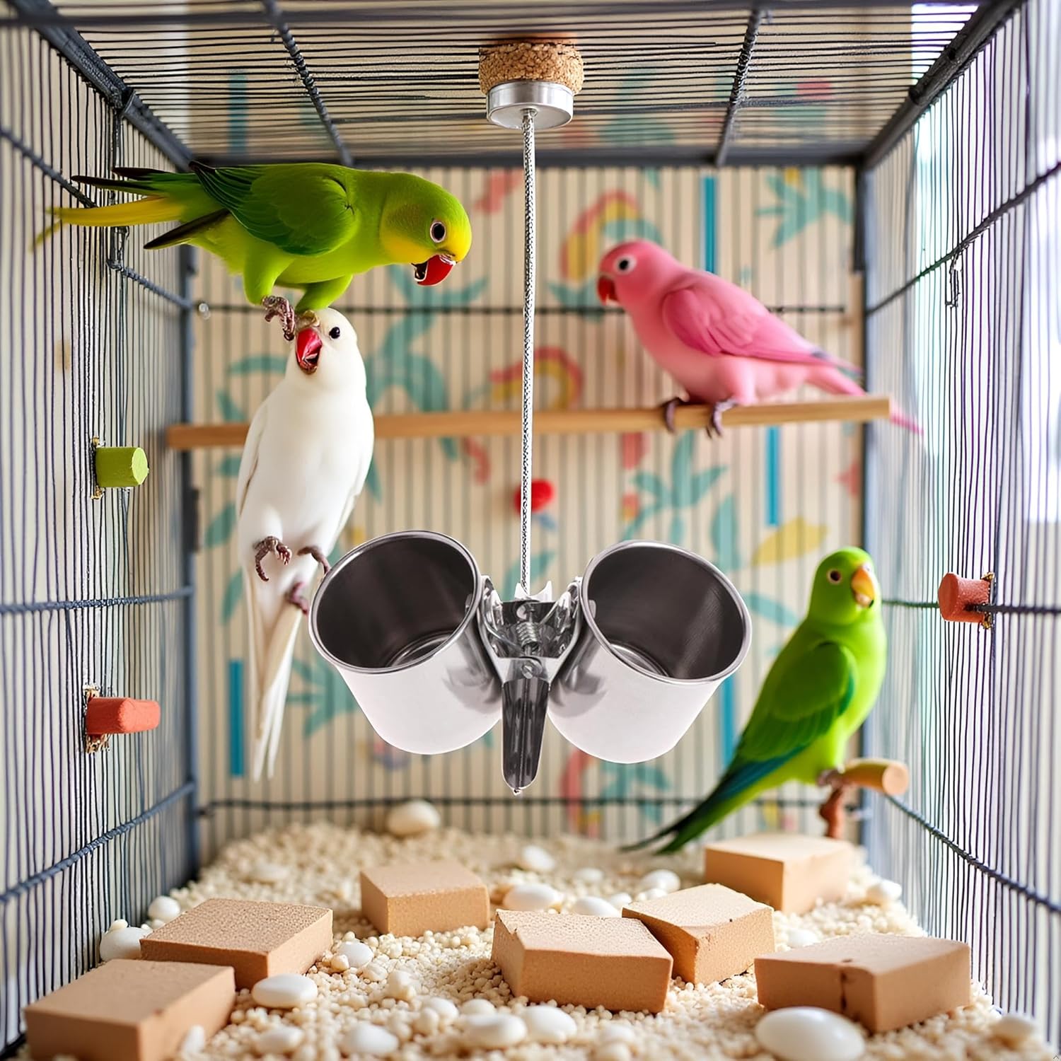 Silver Parrot Feeding Cups Hanging Pet Animal Stainless Steel Birdcage Bowls Bird Bowls for Cage Parakeet Cage Accessories Suitable Small Medium Bird Pet Supplies