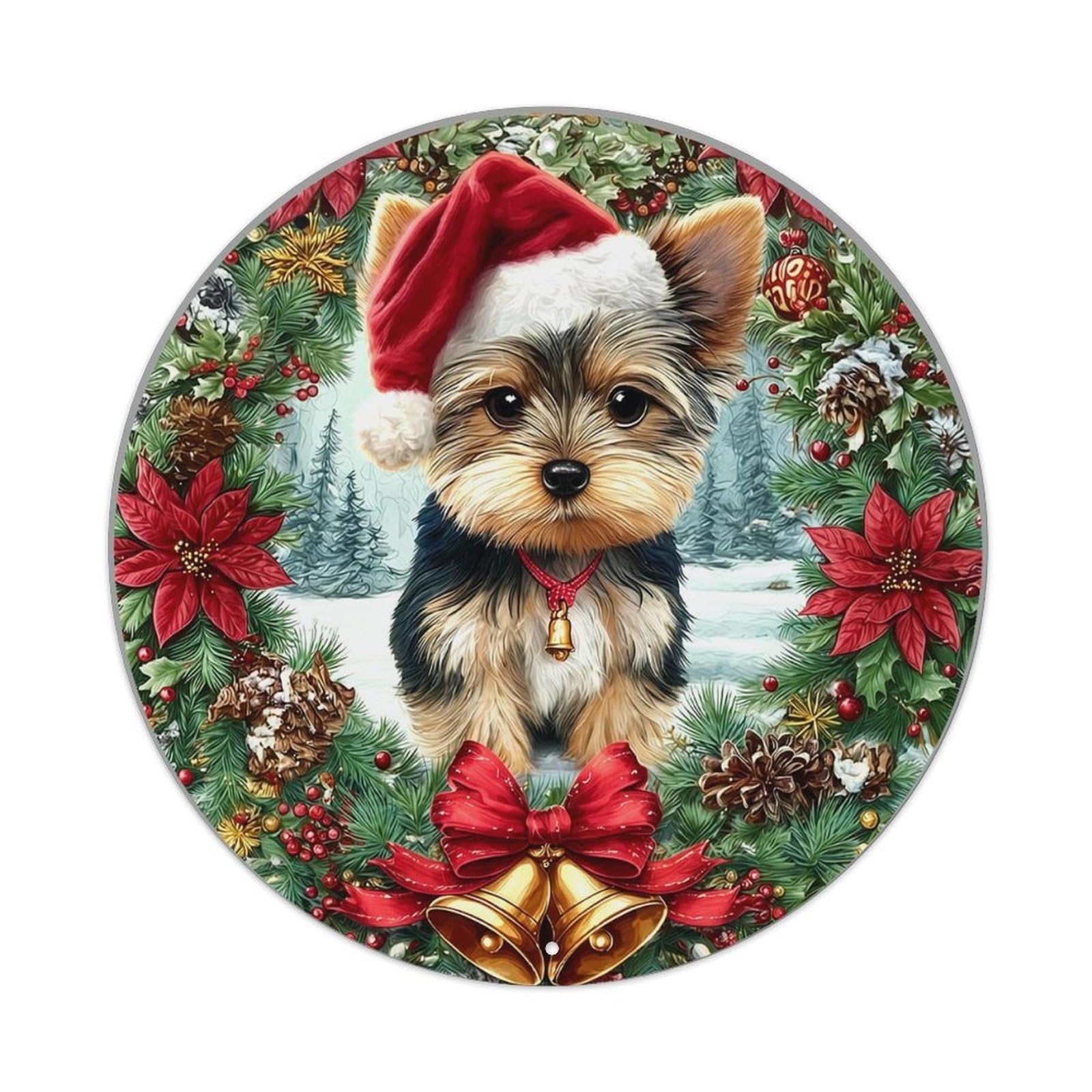 Christmas Puppy Wreath Design Vintage Metal Tin Sign Retro Wall Decor for Home Bar Garage Cafe, Indoor & Outdoor Decorative，circle Metal Poster, 8x8 Inch