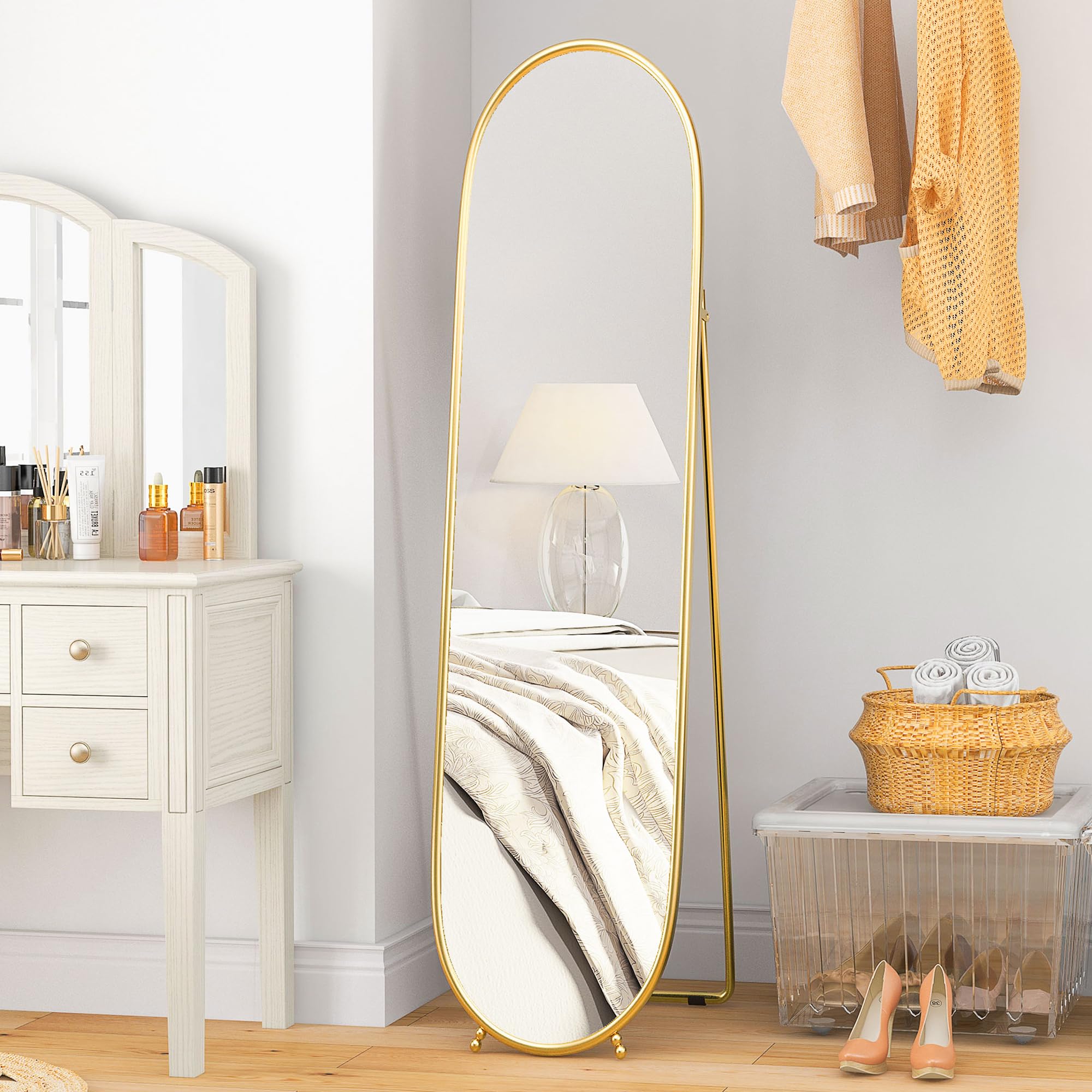 HOMCOM Espejo de Pie Cuerpo Entero Ovalado 160x40 cm, Espejo de Cuerpo Entero con Soporte, 2 Formas de Uso, Independiente y Apoyado, para Salón, Entrada, Dormitorio, Vestidor, Dorado