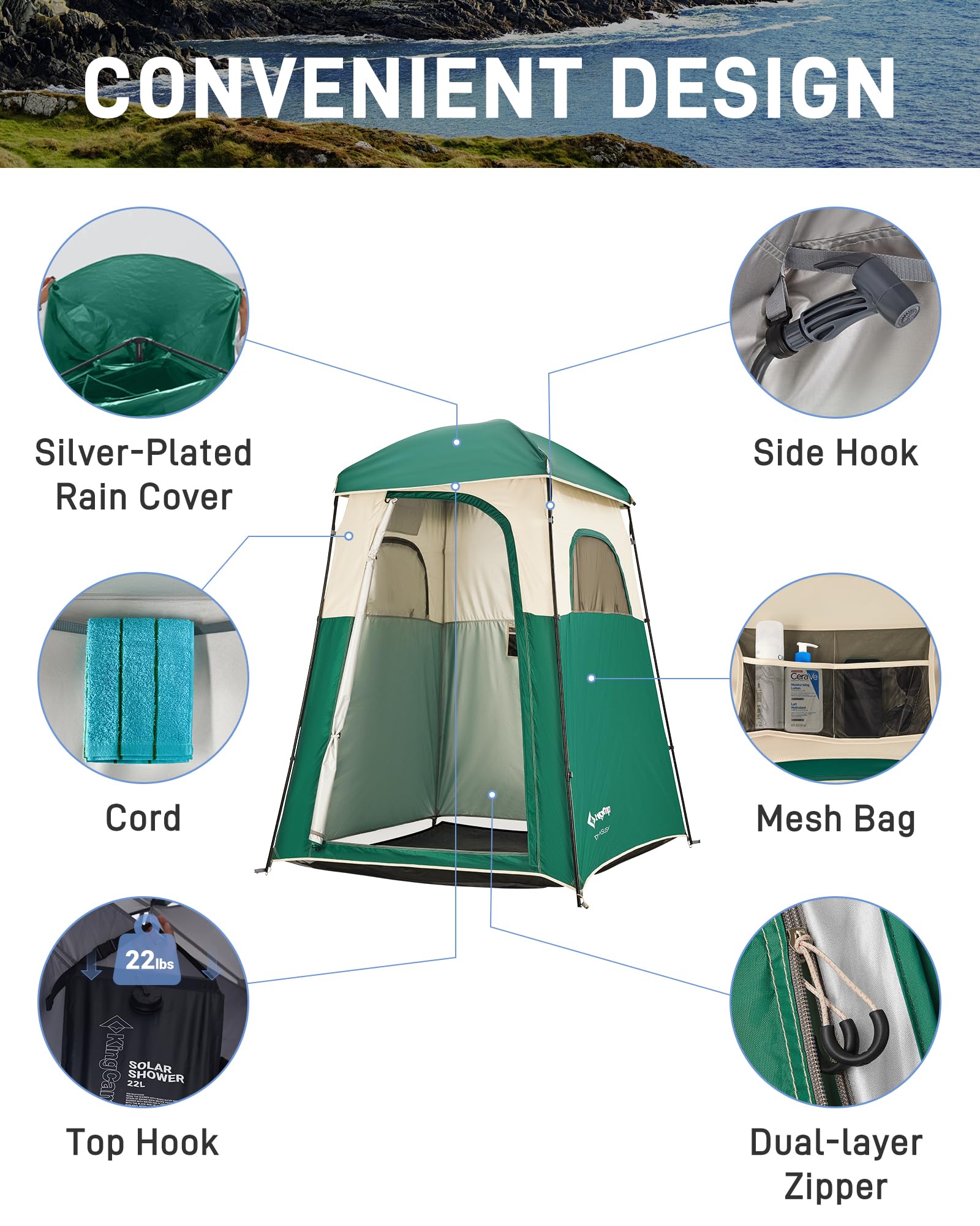 KingCamp Duschzelt, tragbares Sichtschutzzelt, Outdoor-Camping, 1/2 Zimmer, Toilettenzelte mit Duschtasche & Ankleidezimmer für Strand, Camping & Wandern