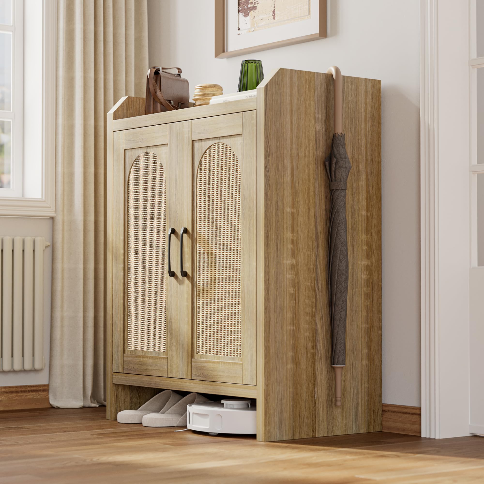 Mericonia Shoe Cabinet Storage for Entryway, Natural Rattan Shoe Storage Cabinet, Wooden Shoe Rack Cabinet, Farmhouse Boho Wood Shoe Organizer Cabinet for Hallway