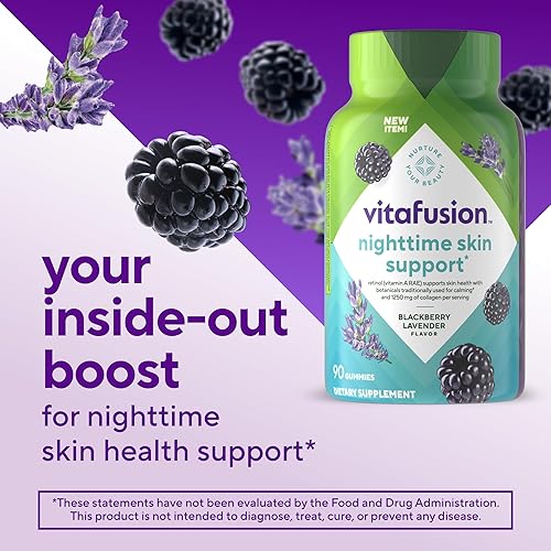 Miniatura 2 de vitafusion Apoyo nocturno para la piel (1), suplemento de belleza con retinol (vitamina A RAE), colágeno y botánicos para dormir, sabor a lavanda y