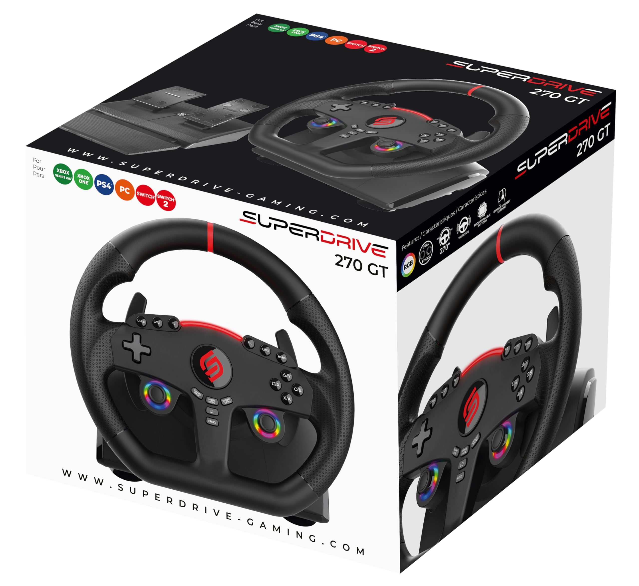 Subsonic - Volant Superdrive 270 GT pour Switch 2/Switch, PS4, PC et Xbox | Volant de Course Double Joysticks pour GTA 6 - LED - Vibrations - Diamètre 27 cm, Rotation 270° - Livré avec Pédales