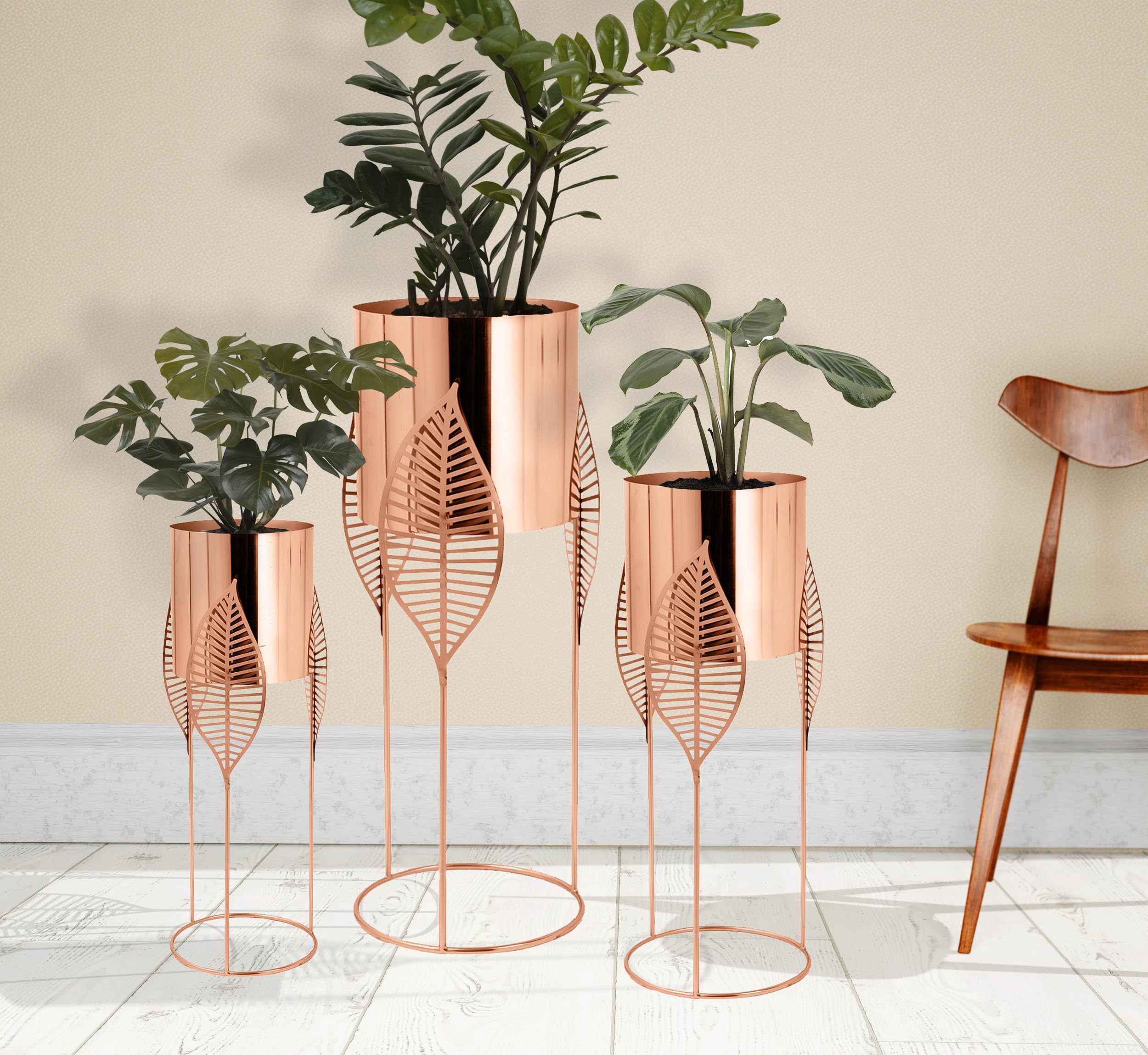 CORSICA DESIGNS Premium Round Metal Planter with Copper Leaf Themed Stand Set of 3 I 32 Inch (Height) by 12 inch (Dia) | Planters for Living Room, Bedroom, Balcony Garden (E. S/3 - Glam Copper) (B0C3LZZNDX) Amazon Price History, Amazon Price Tracker