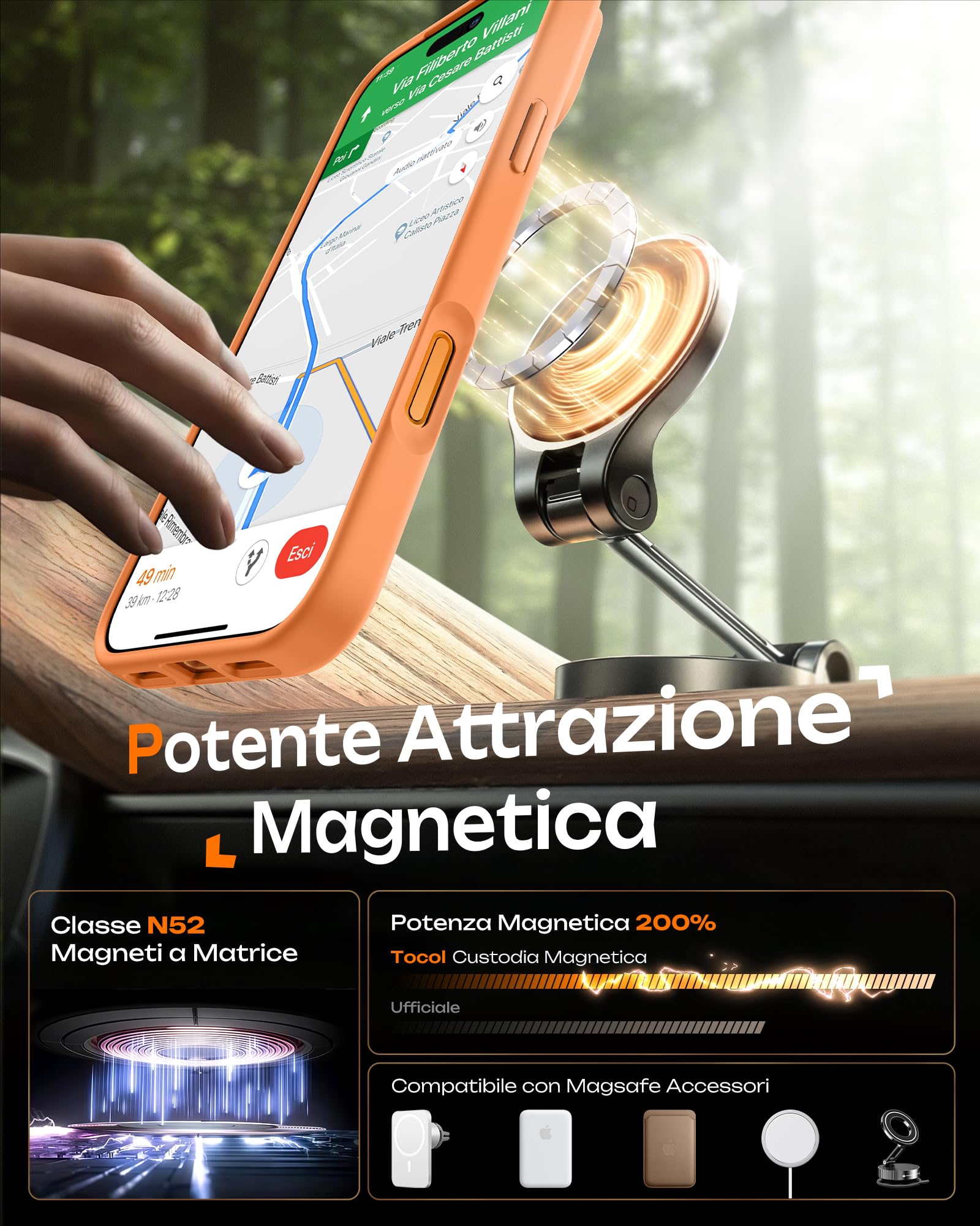 TOCOL Cover Magnetica per iPhone 17 Pro Max 6,9 Pollic, Compatibile con MagSafe, Anello Magnetico Incorporato, Protezione Fotocamera Integrata, Custodia Antiurto Traslucida Opaca, Arancione