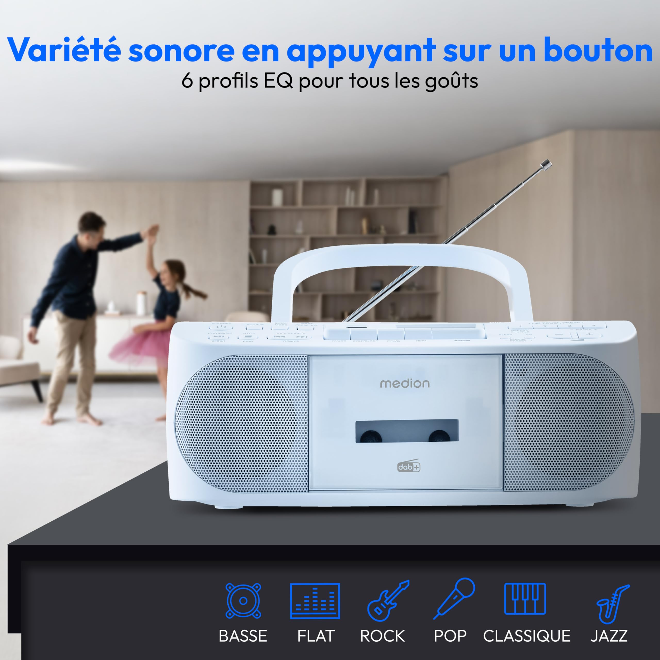 MEDION DRX-1 Plus Boombox Radio Portable DAB+ FM Bluetooth Lecteur CD MP3 Cassette Bleu