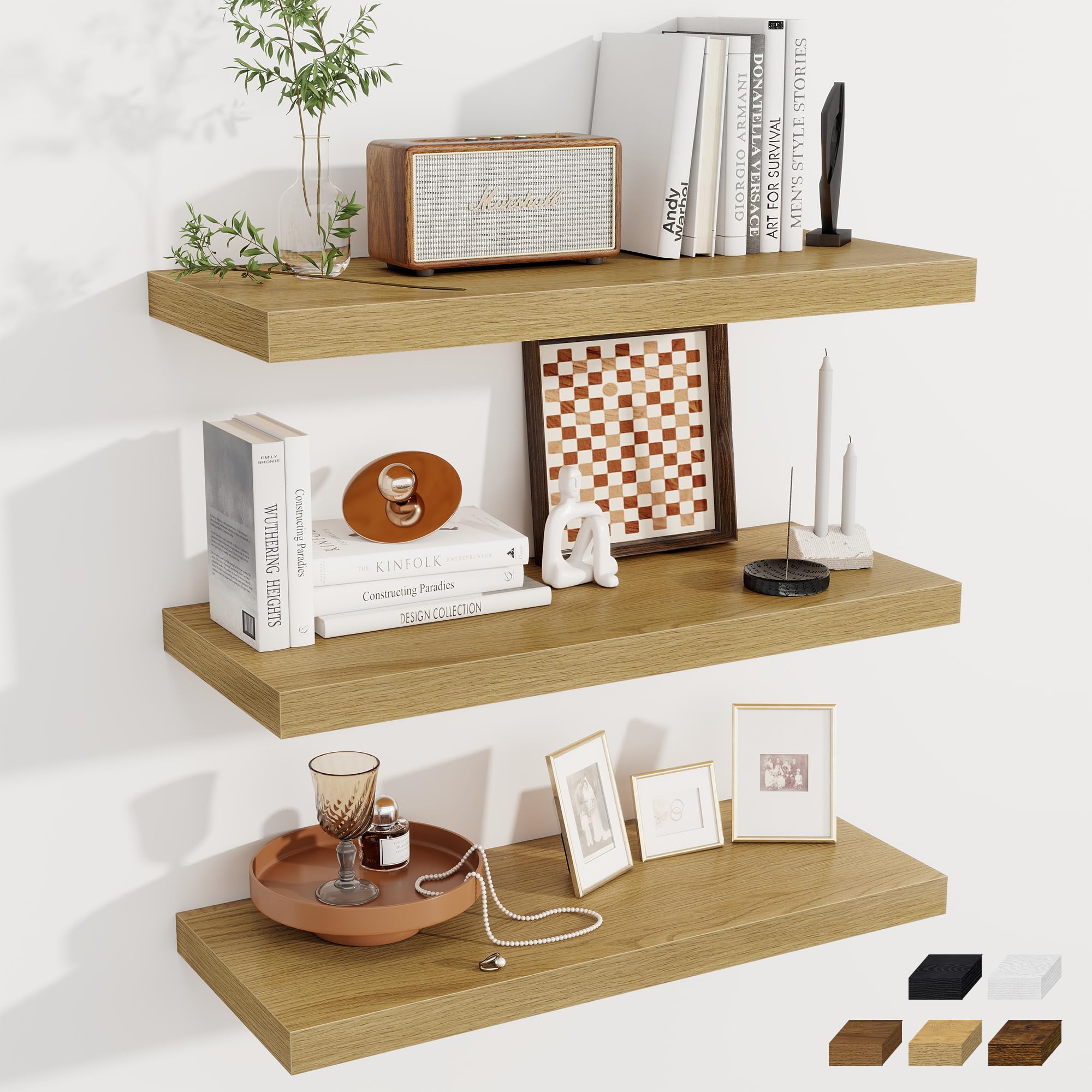 Fun Memories 12 Deep Floating Shelves for Wall | 30W x 12D Large Floating Shelves | 3 Pack Storage Space Wall Mount Shelf for Living Room Bathroom Toilet Laundry Room Kitchen Home Office - Oak