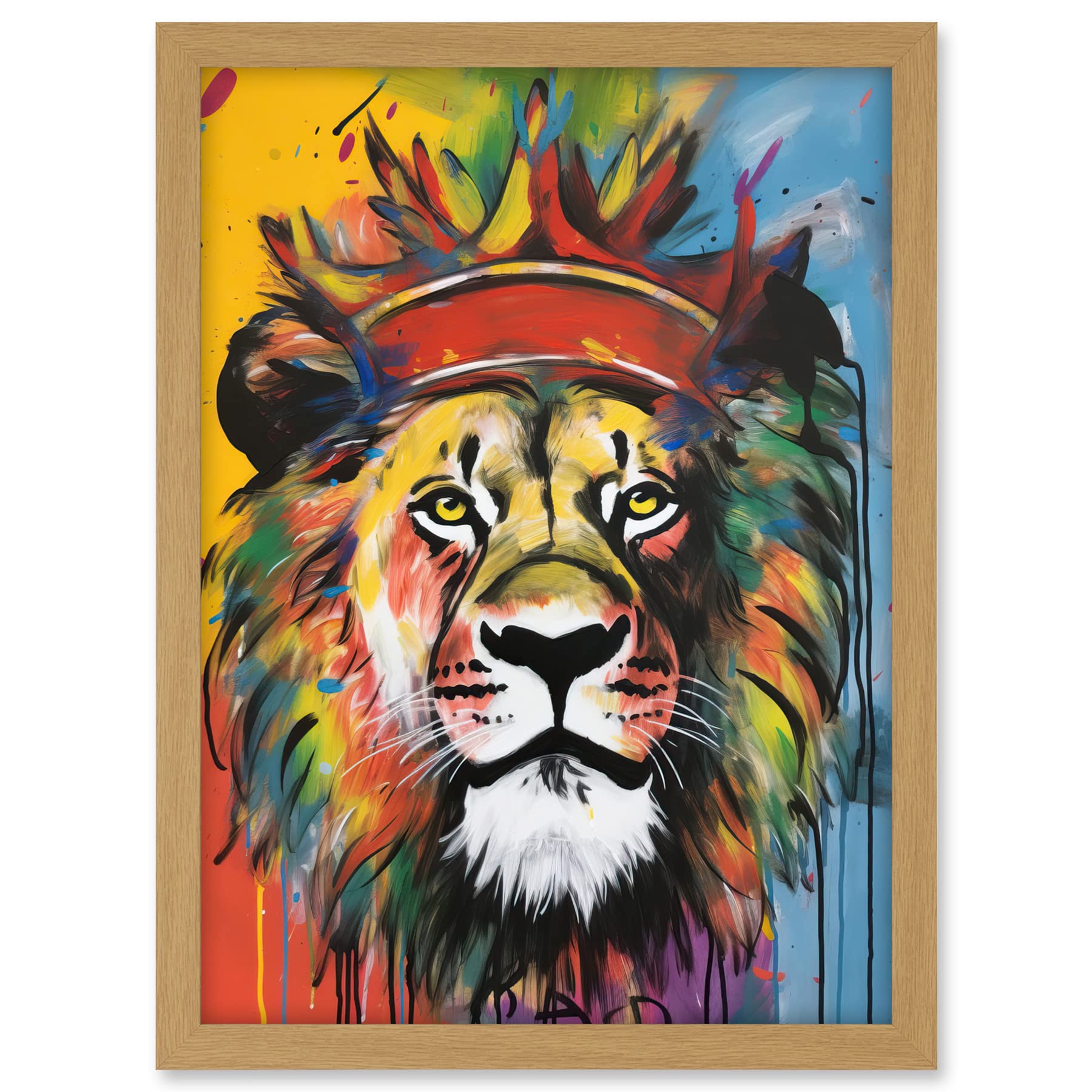 Artery8 King of the Jungle Lion with Crown Modern Pop Art Artwork Framed A3 Wall Art Print