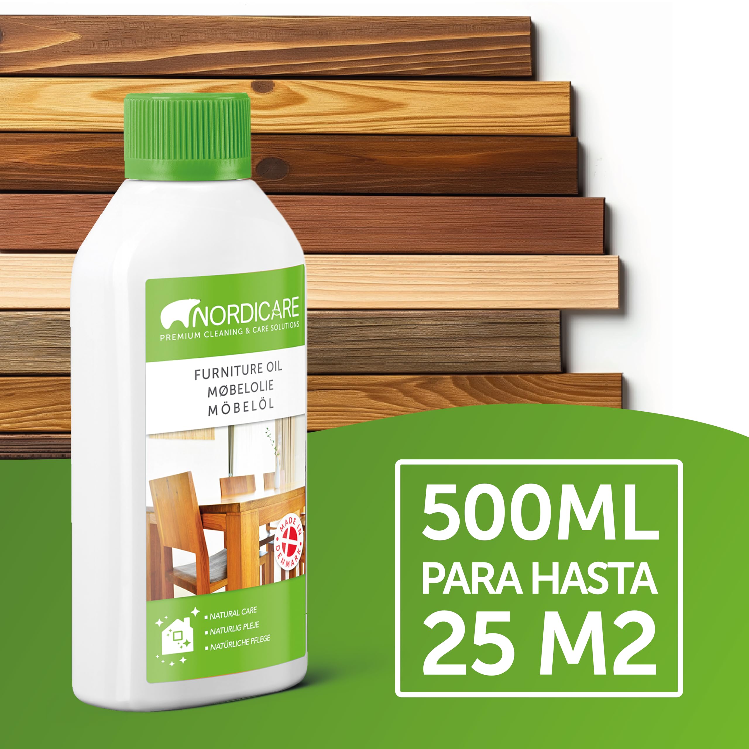 Nordicare Aceite para muebles [500ml] Aceite incoloro para madera para el cuidado de roble, haya, nogal, pino. Esmalte para madera a base de aceite de linaza. Barniz de aceite de linaza