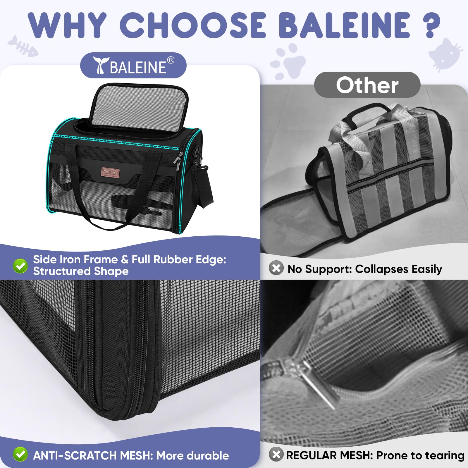 BALEINE Transportador para gatos y cachorros para mascotas pequeñas y medianas de hasta 15 libras, bolsa de viaje para perros de lados suaves con cremalleras de seguridad, funda de transporte plegable
