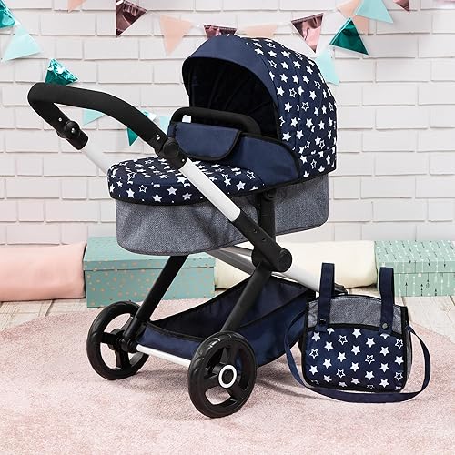 Miniatura 2 de Bayer Cochecito Xeo - Estrellas azules y blancas - Muñecas de hasta 18 pulgadas, bolsa de hombro, convertible en cochecito, mango ajustable,