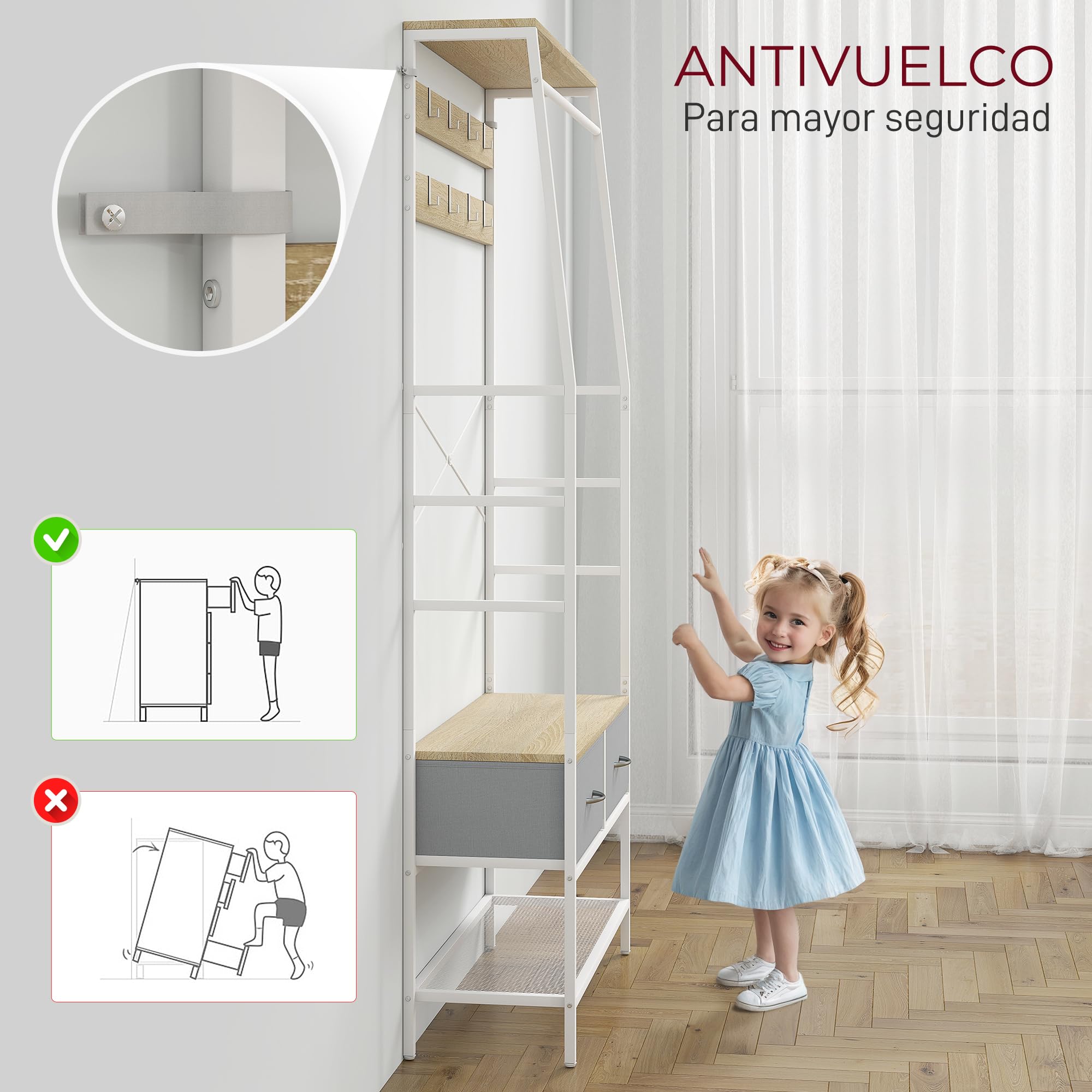 HOMCOM Perchero Zapatero Perchero Entrada Recibidor con Zapatero 8 Ganchos 2 Cajones de Tela Barra Estante de Malla Estilo Industrial para Colgar Ropa Pasillo Dormitorio Salón 80x30x180,5 cm Natural