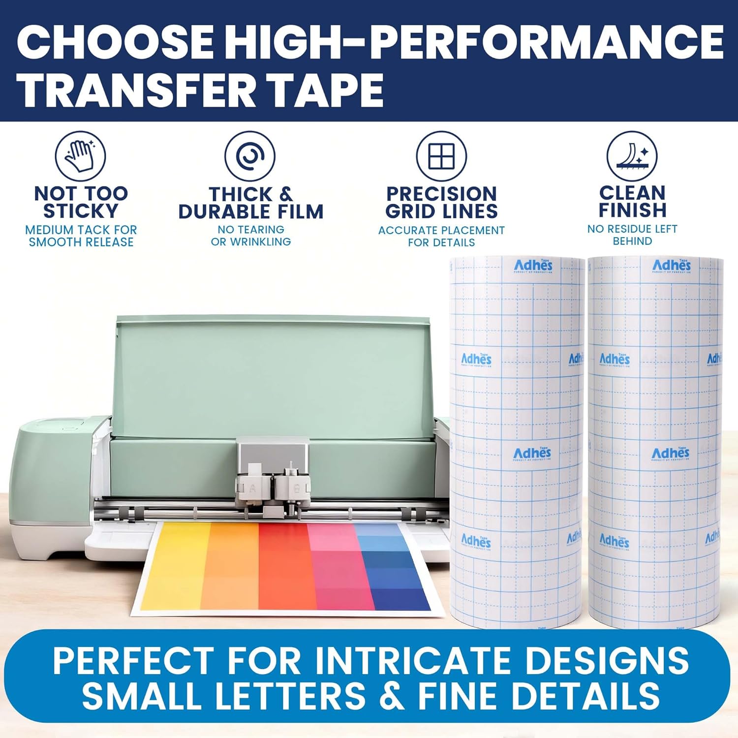 ADHES Premium Crystal Clear Transfer Tape for Vinyl with Grid, 12" x 100FT, No Stretch PET Transfer Paper Roll, Precision Application Tape for Cricut, Small Designs & Detailed Graphics