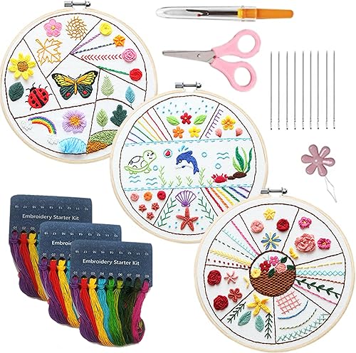 sinbajoy Kit de bordado para principiantes, 3 juegos de bordado a mano con 1 aro, aprende diferentes puntadas para amantes de las manualidades, disponible en Yaxa Venezuela