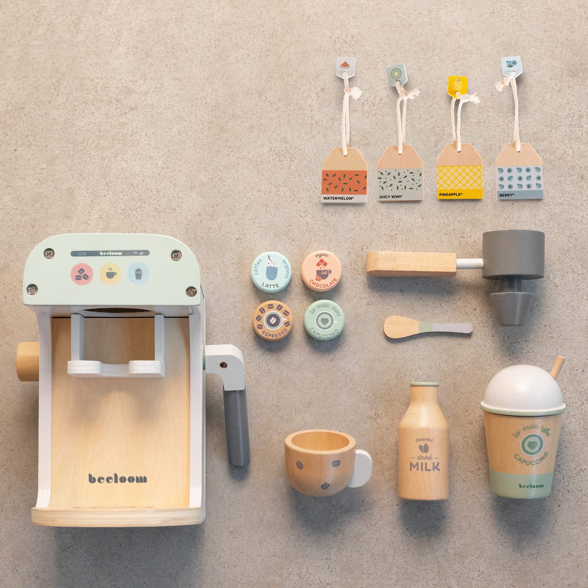 Beeloom - Cafetera de Madera Natural de Juguete Infantil, Lalapresso, Set Juego simbólico para niños y bebés, cápsulas Accesorios