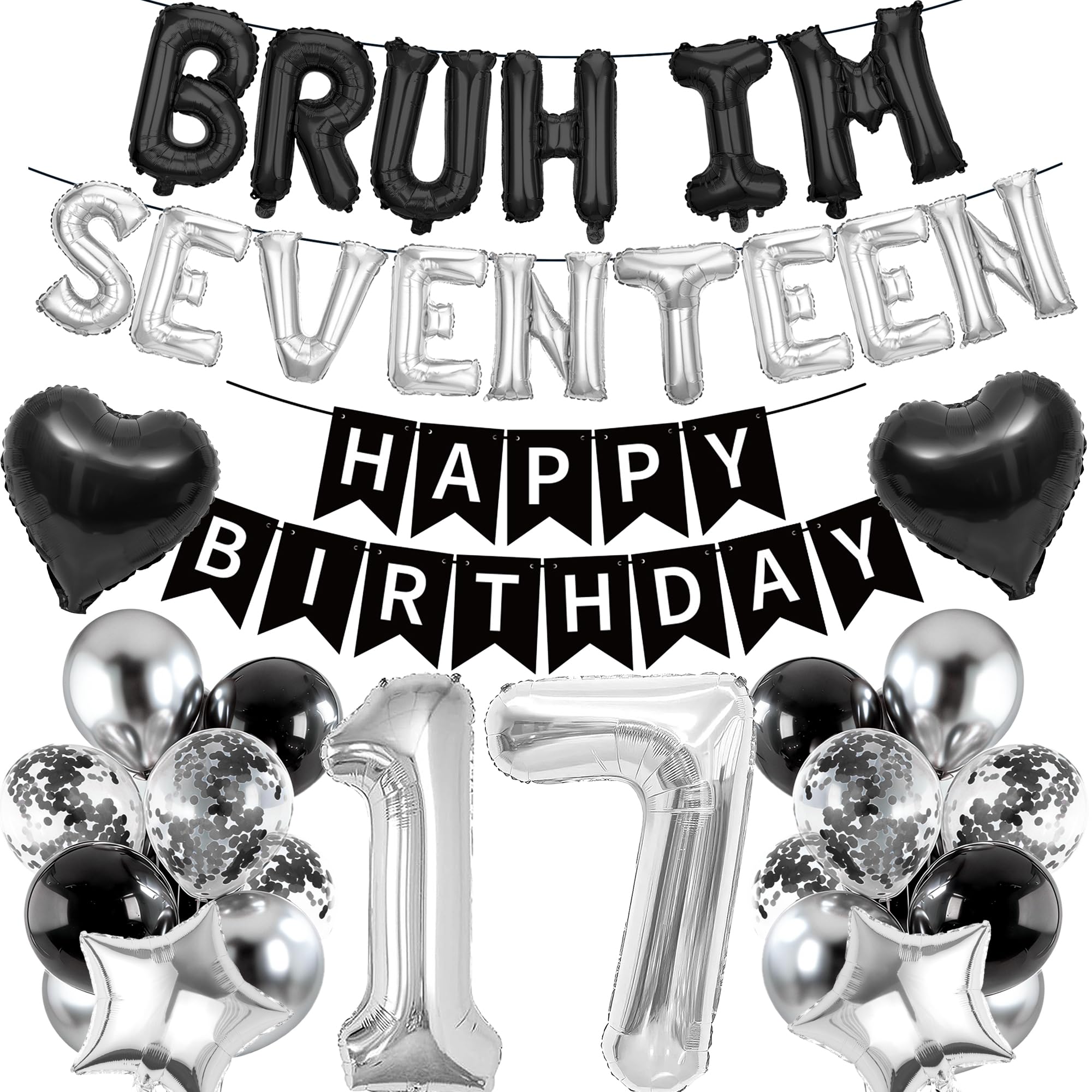 17th Birthday Decorations Banners Boy - 40 Pcs Black Silver Happy Birthday Banner BRUH I'M SEVENTEEN Star Heart Number 17 Foil Balloons Decoration Sequin Balloons for 17 Years Old Boys Party Decor