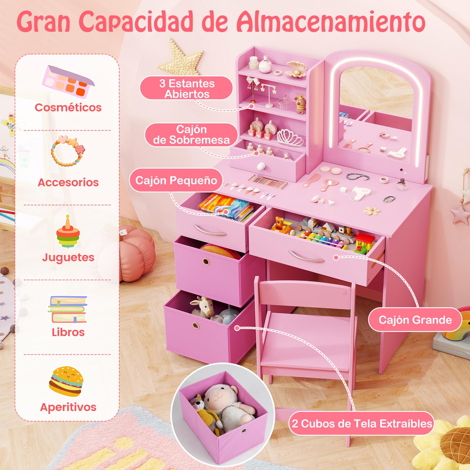 COSTWAY Tocador Infantil con Espejo Iluminado, Tocador de Maquillaje Niña con Espejo y Luces, Estantes Abiertos y 5 Cajones de Almacenaje, Mesa y Silla de Princesa para Niñas de 3+ Años (Rosa)