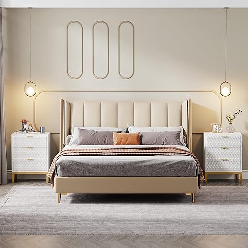 Miniatura 6 de LITTLE TREE Mesita de noche moderna con 3 cajones, color blanco dorado, mesa auxiliar con almacenamiento para dormitorio, sala de estar Blanco y