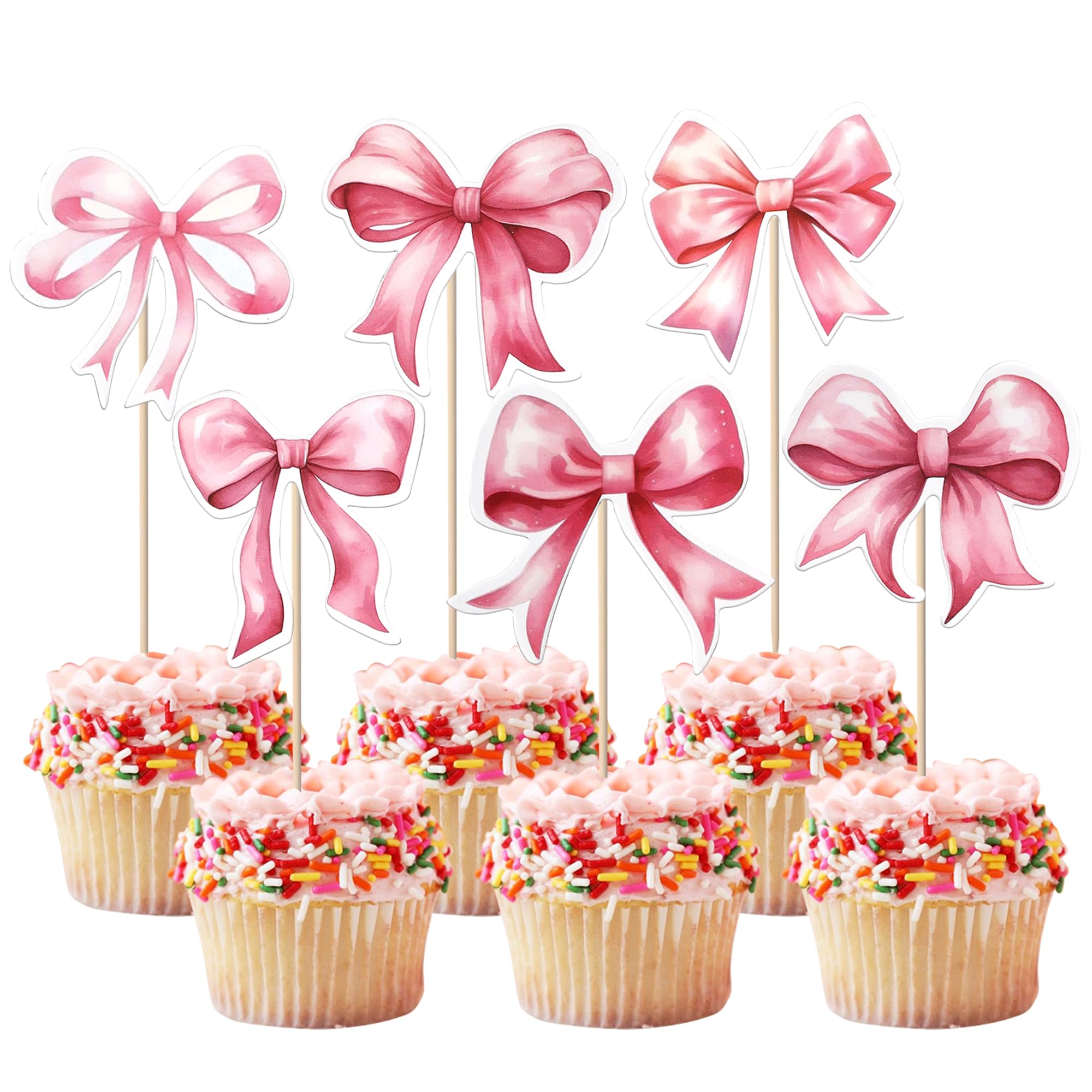 Xsstarmi 36 Pack Pink Bow Cupcake Toppers Double Sided Printing Bow Themed Bowknot Birthday Cupcake Picks for Bridal Baby Shower Girls Birthday Wedding Party Cake Decorations Supplies Pink โ image 1