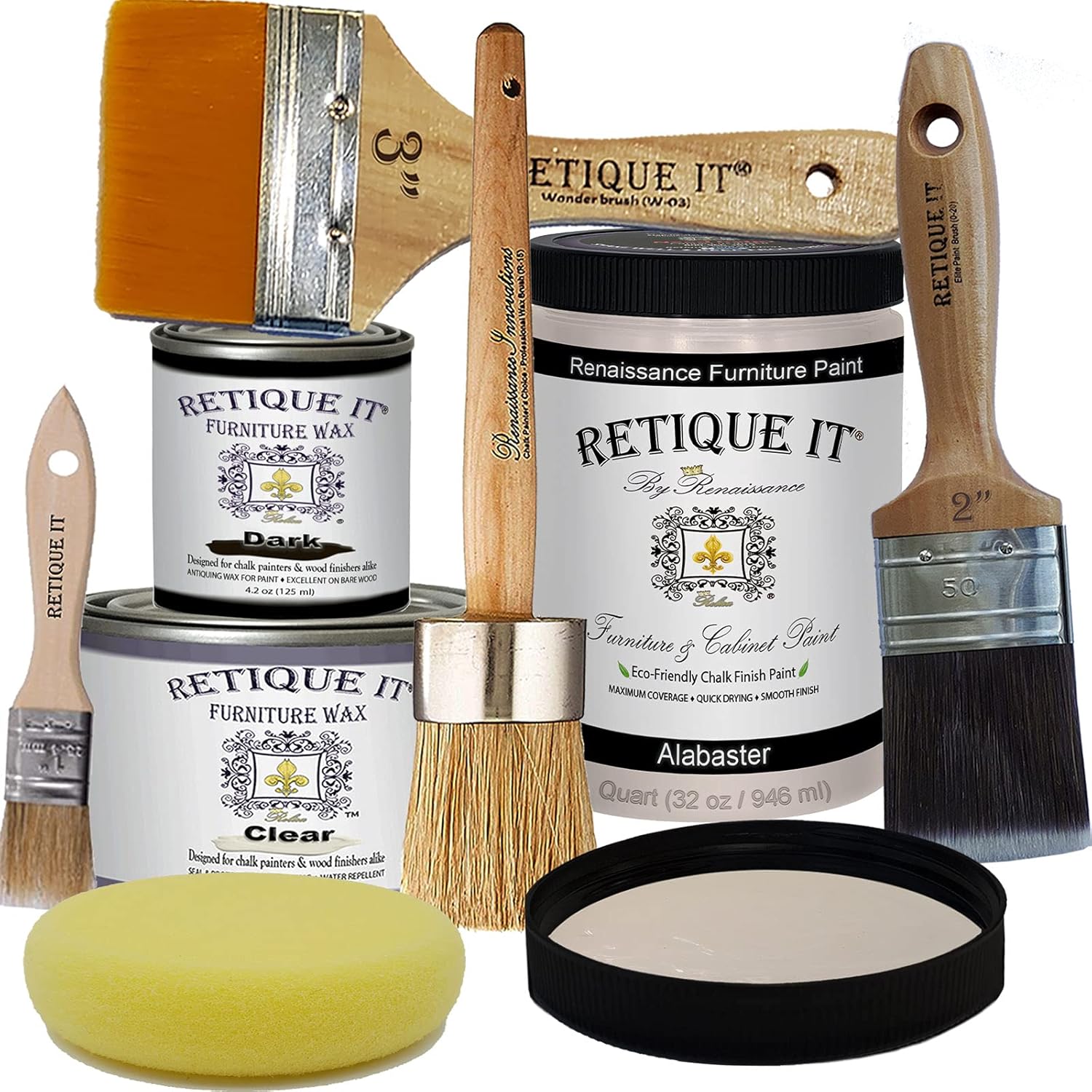 Exclusive Special Retique It Chalk Furniture Paint by Renaissance Deluxe Starter Kit, 8 Piece Set, 11 Alabaster, 32 Ounces