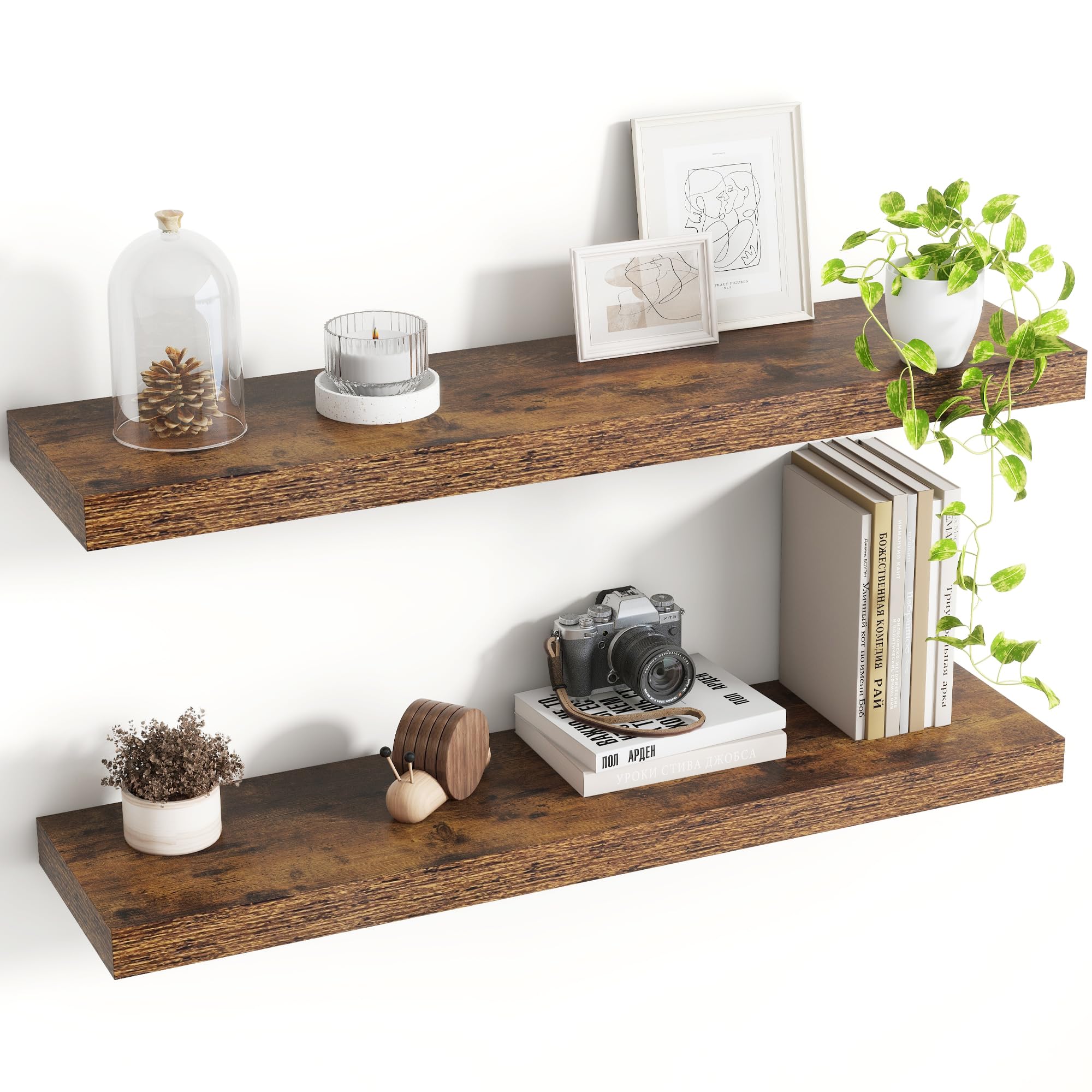 Acovy 30 Inch Floating Shelves, 8 Inch Deep Floating Shelves for Wall, Hanging Shelf with Invisible Brackets, Deep Shelves for Bathroom, Bedroom, Living Room, Brown, Set of 2