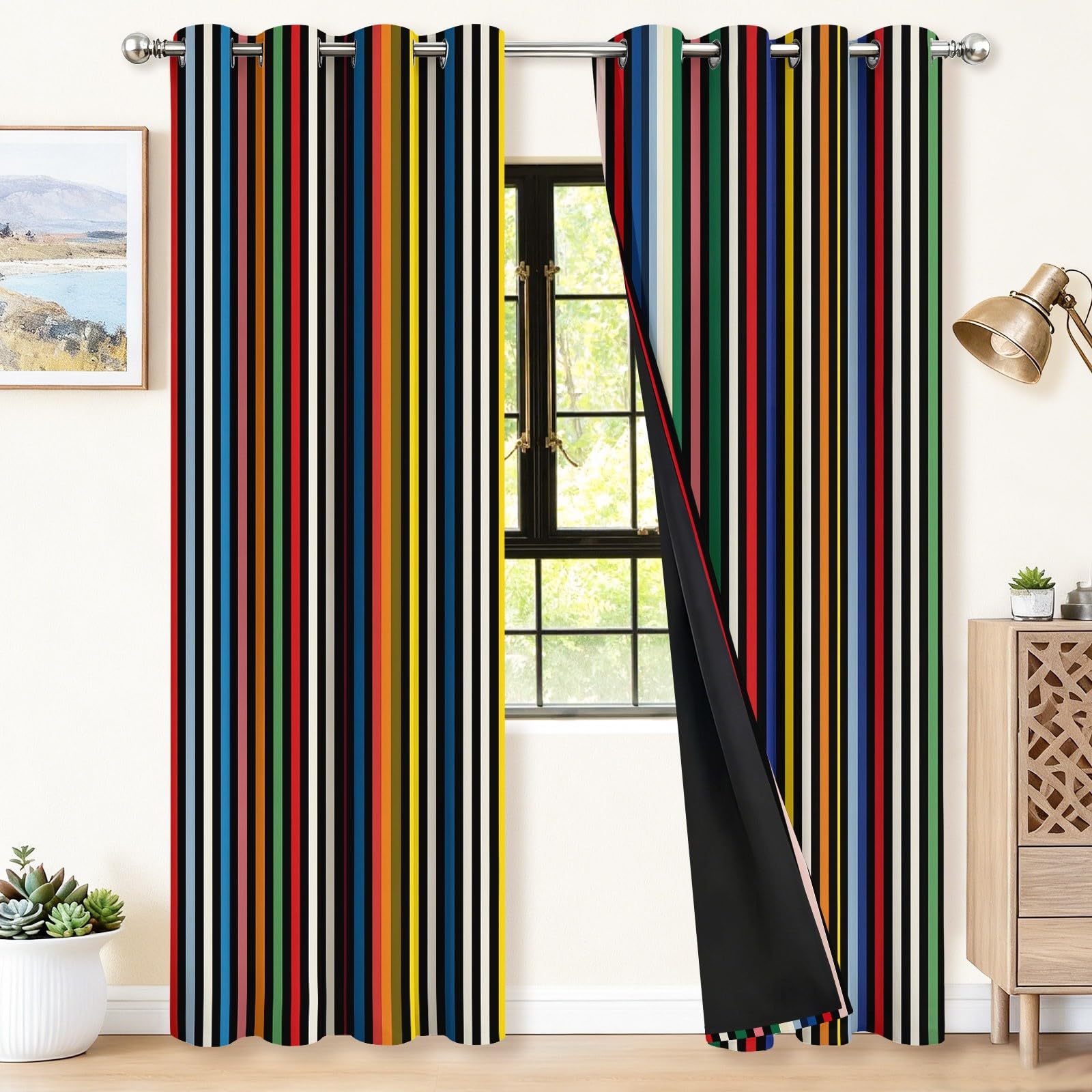 Verdunklungsvorhänge B75 x H166 cm 2er Set, Klassisch Modisch Streifen Vorhang Blickdicht mit Ösen, Vorhänge Wohnzimmer Thermovorhänge Sichtschutz Gardinen für Schlafzimmer, Bunt