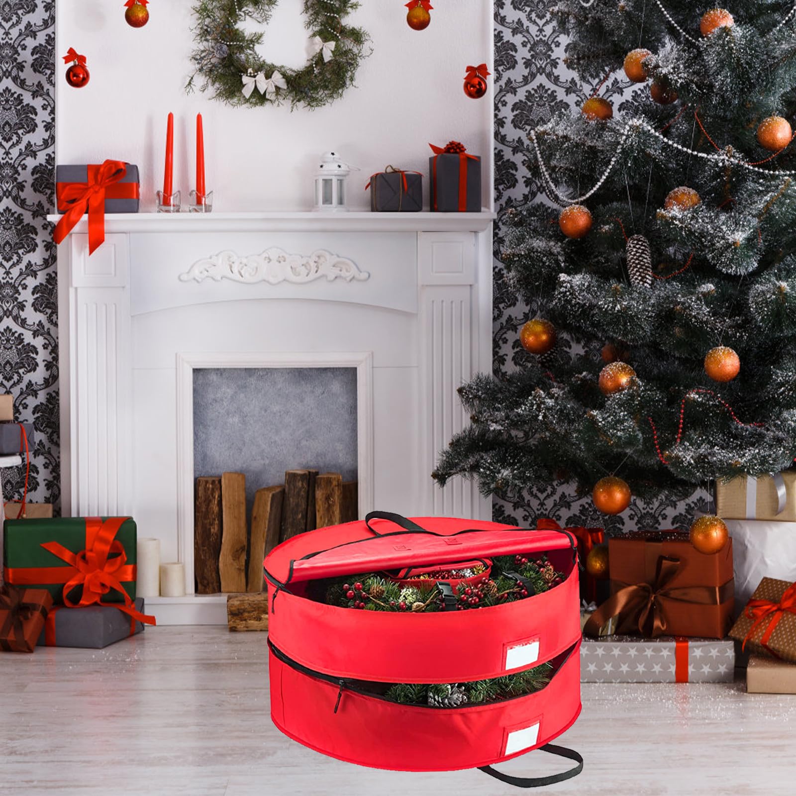 NUOBESTY Weihnachtskranz Aufbewahrungstasche Runder Packbeutel aus 600d Oxford Stoff Doppellagig Rot für Weihnachtskränze und Weihnachtsglocken für Haushalt und Zuhause