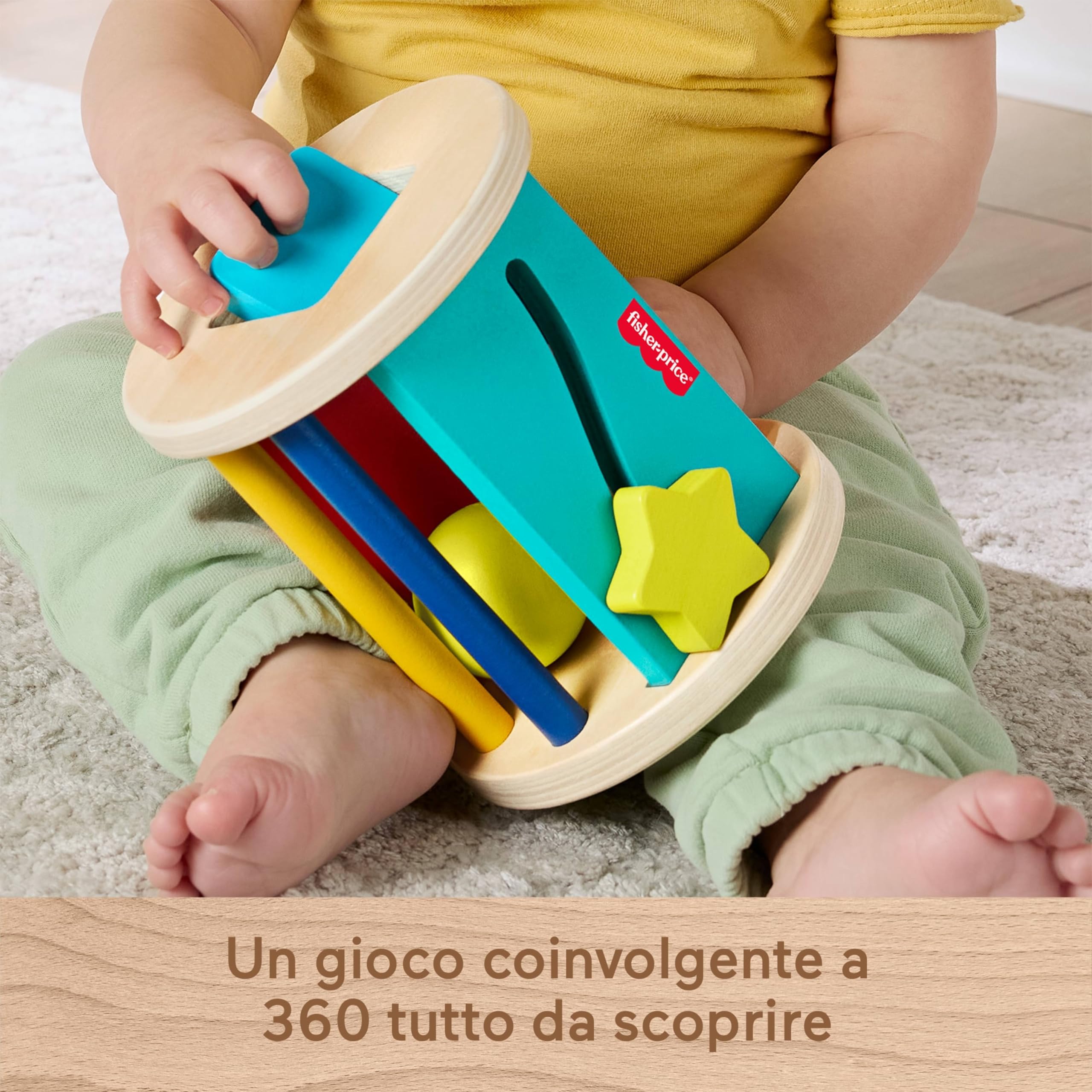 Fisher-Price - Rullo Gattona con Me, Giocattolo in Legno Che stimola Il Gattonamento, Suoni sensoriali, levette cercaforme e Specchio per la Scoperta di sè Inclusi, 6+ Mesi, JKH17