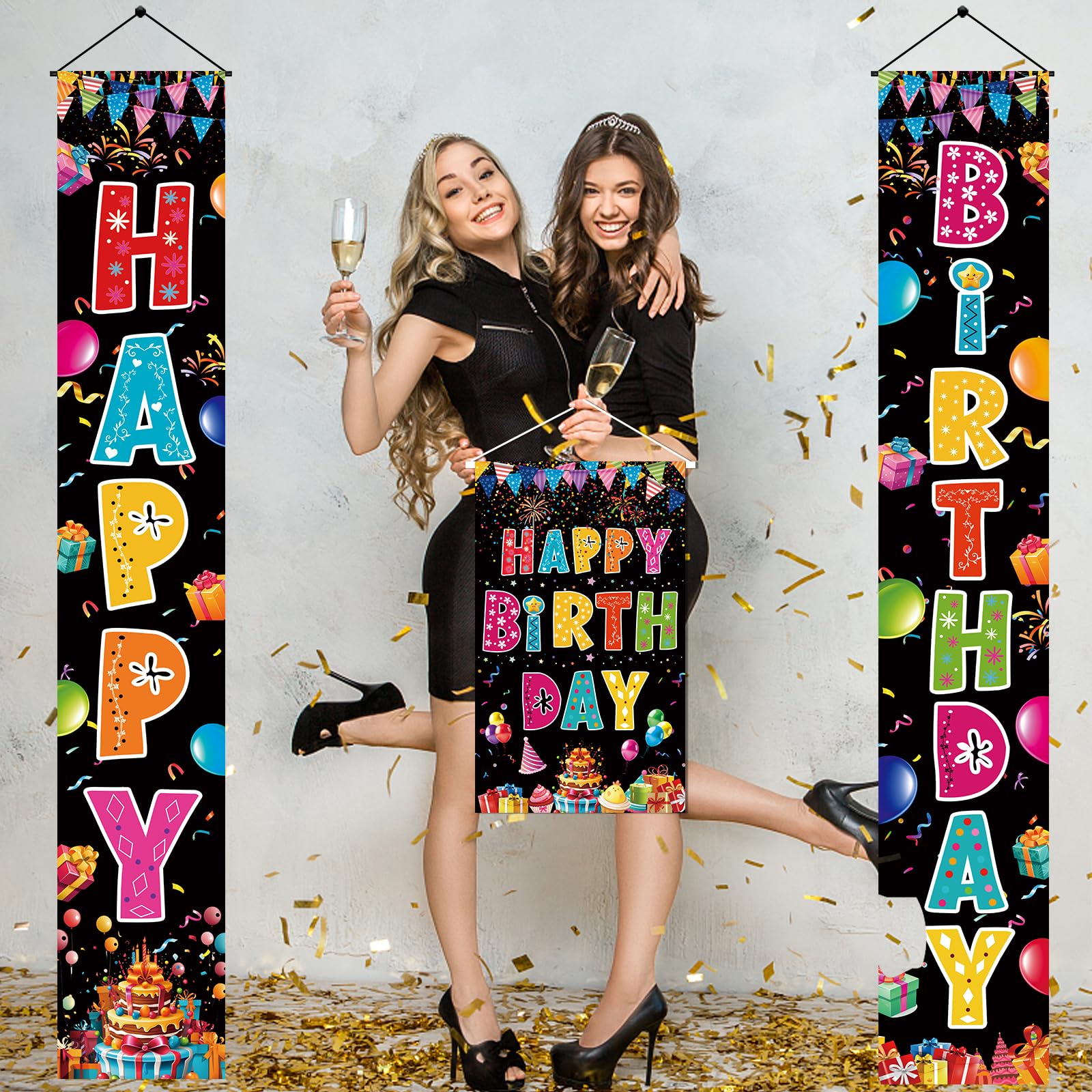AiFaoobs 3 PCS Colorful Happy Birthday Banner Door Porch Sign Photography Black Background Party Supplies for Kids Boys Girls Birthday Party Supplies