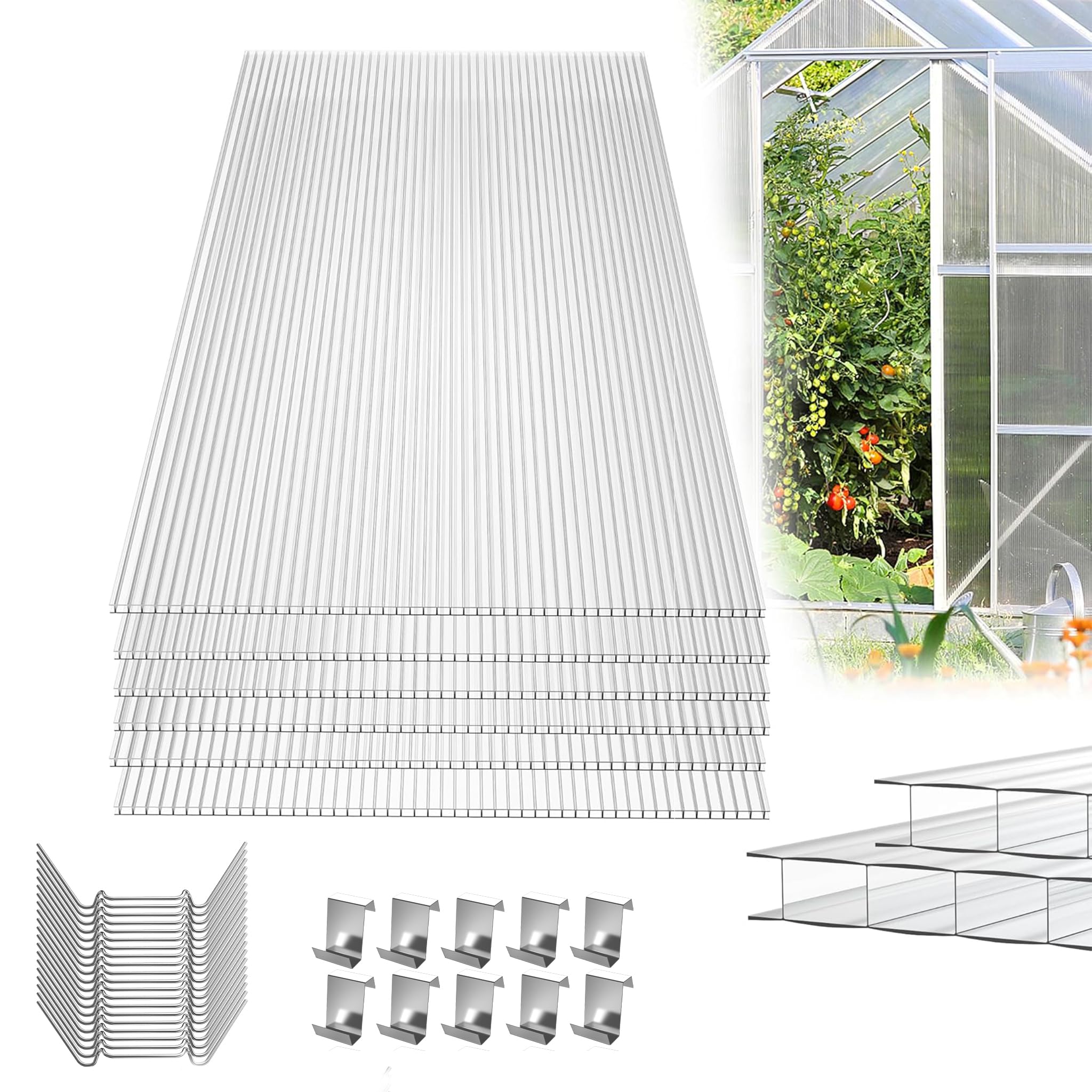 YRHome Placas de policarbonato de 14 piezas, 605 x 1210 x 4 mm, superficie total de 10,25 m², placa de invernadero con 50 soportes y 50 clips en Z