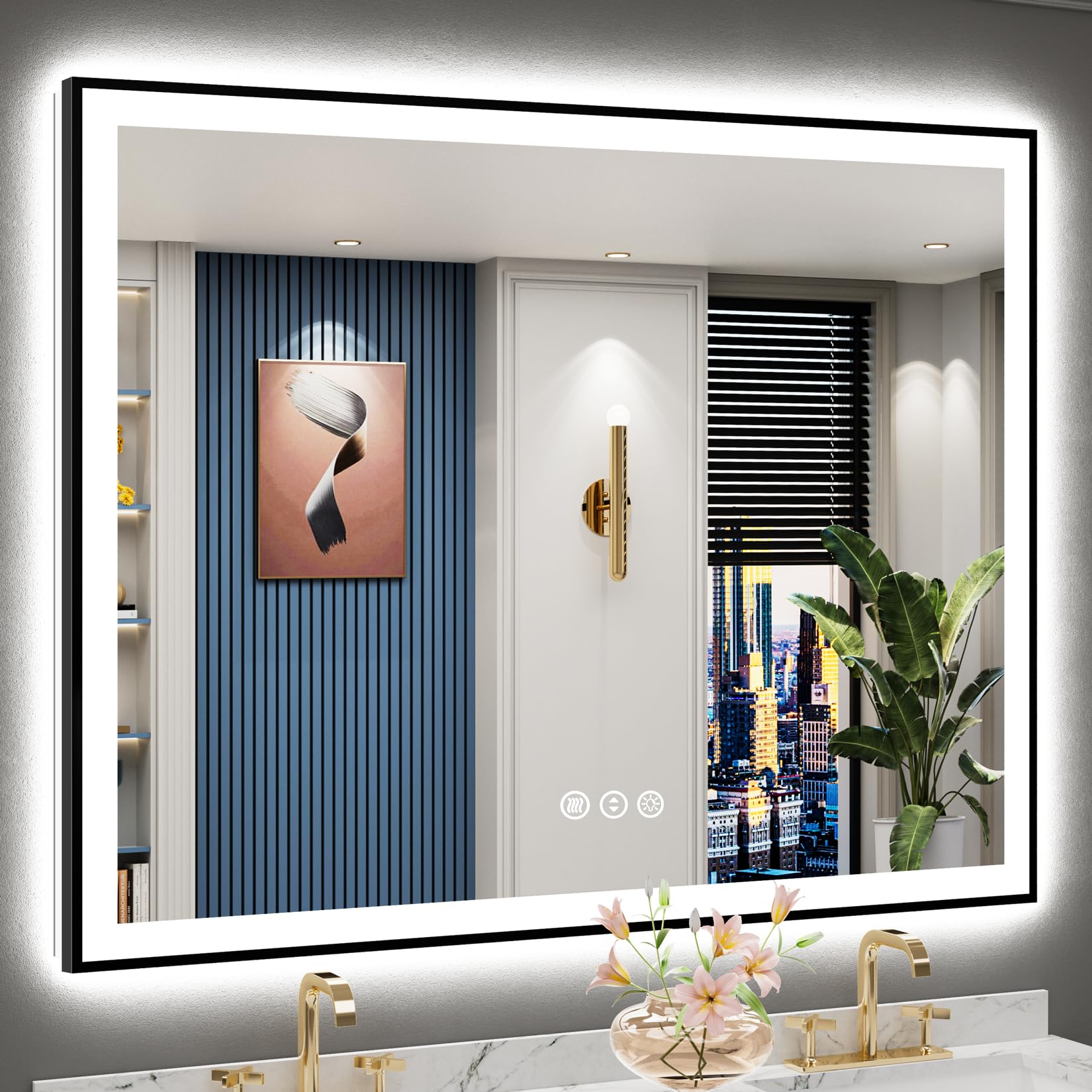 50x40 Black Framed LED Bathroom Mirror with Lights, Backlit and Front Lit Anti-Fog Lighted Vanity Mirror for Bathroom Wall, Dimmable, 3 Colors, Memory, Shatter-Proof, HD Tempered Glass, CRI 95
