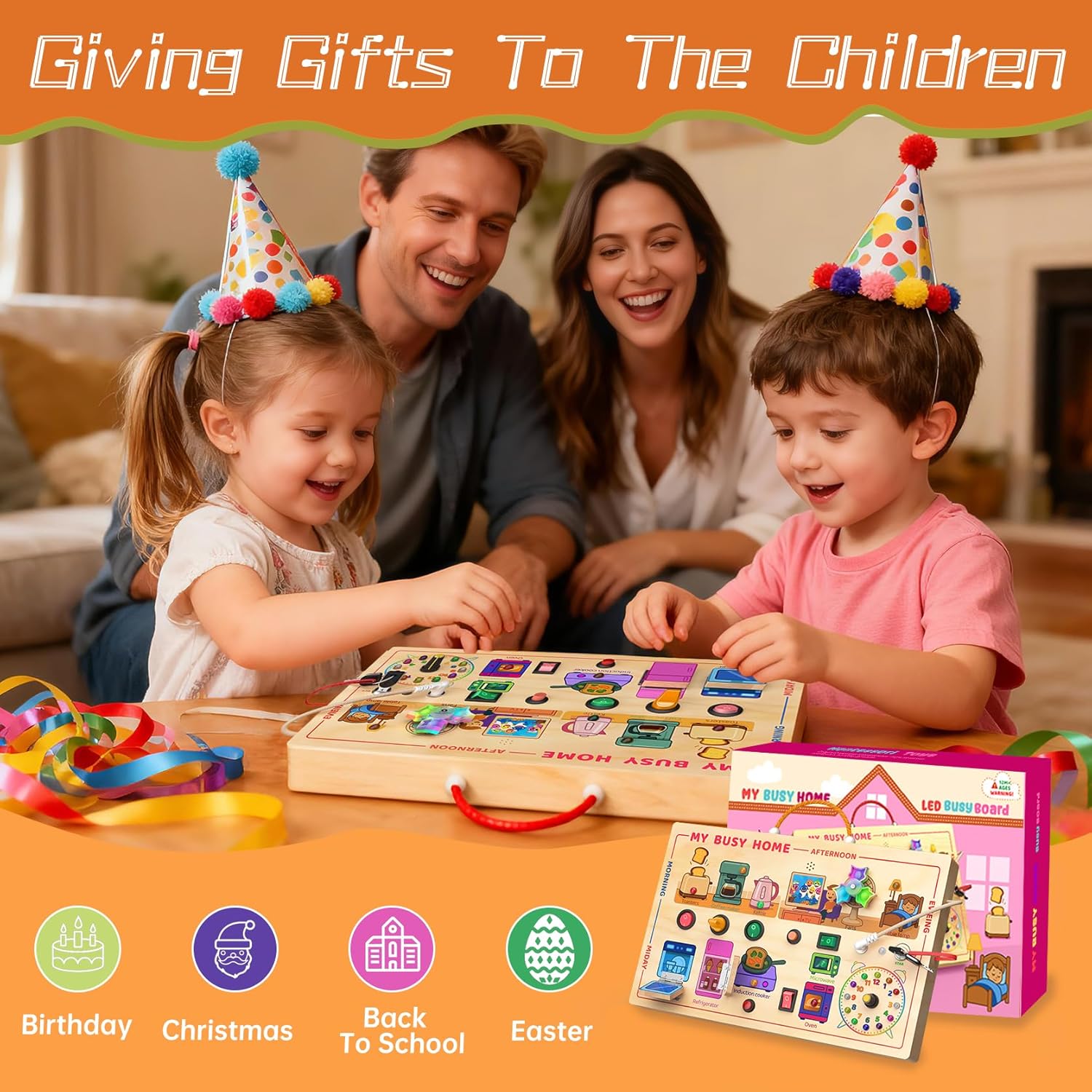 My Busy Home Montessori Busy Board for Toddlers 1-3, Wooden Sensory Activity Board with Switches, Lights, Clock, Kitchen Appliances Toys, Educational Busy Board for 1+ Year Old Boys Girls